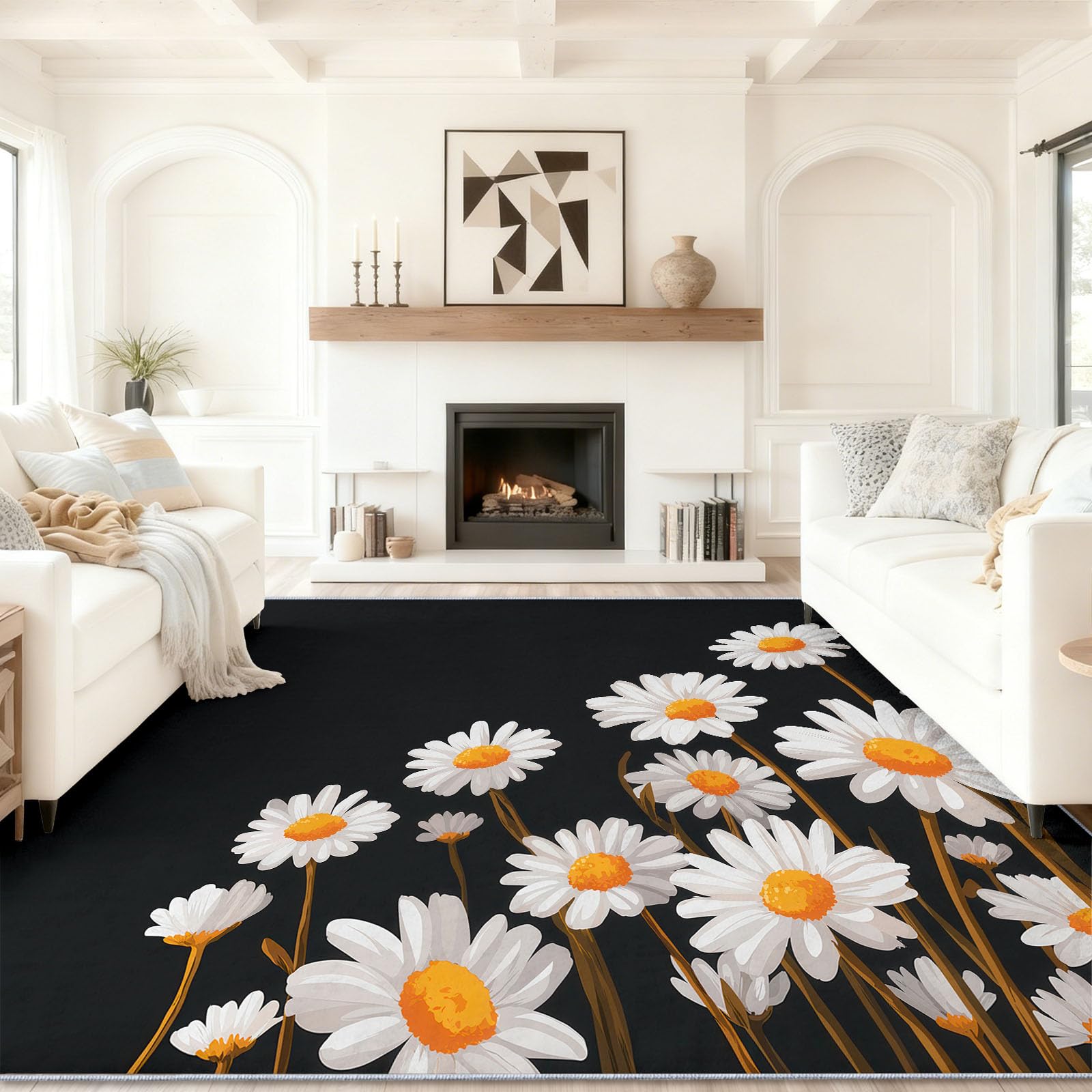 Dywany do salonu, 140 x 200 cm, czarny, można prać w pralce, koreański, minimalistyczny, miękki w dotyku, antypoślizgowy, nie gubi włosia, łatwy do czyszczenia, ilustracja kwiaty, stokrotki, dywan