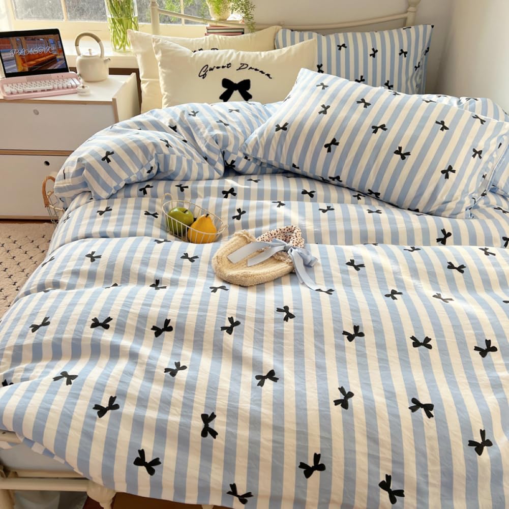 Covebett Duvet Cover Double Blue White Striped Black Bow Tie Bedding Set Microfiber Cute Aesthetic Girls Women Kids Stripe Bowknot Quilt Cover 200x200 and 2 Pillowcases 50x75 — image 1