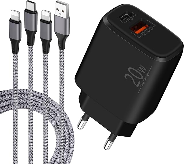 LUOSIKE Ładowarka USB C, Zasilacz/Power Adapter 20W USB-C z 2 Kablami Lightning o Długości 2 m, Szybka Ładowarka 2-portowa z PD i QC3.0, Kompatybilna z iPhone 14/12/13/11/Pro/Max/mini/SE/XR/X/8/7/iPad