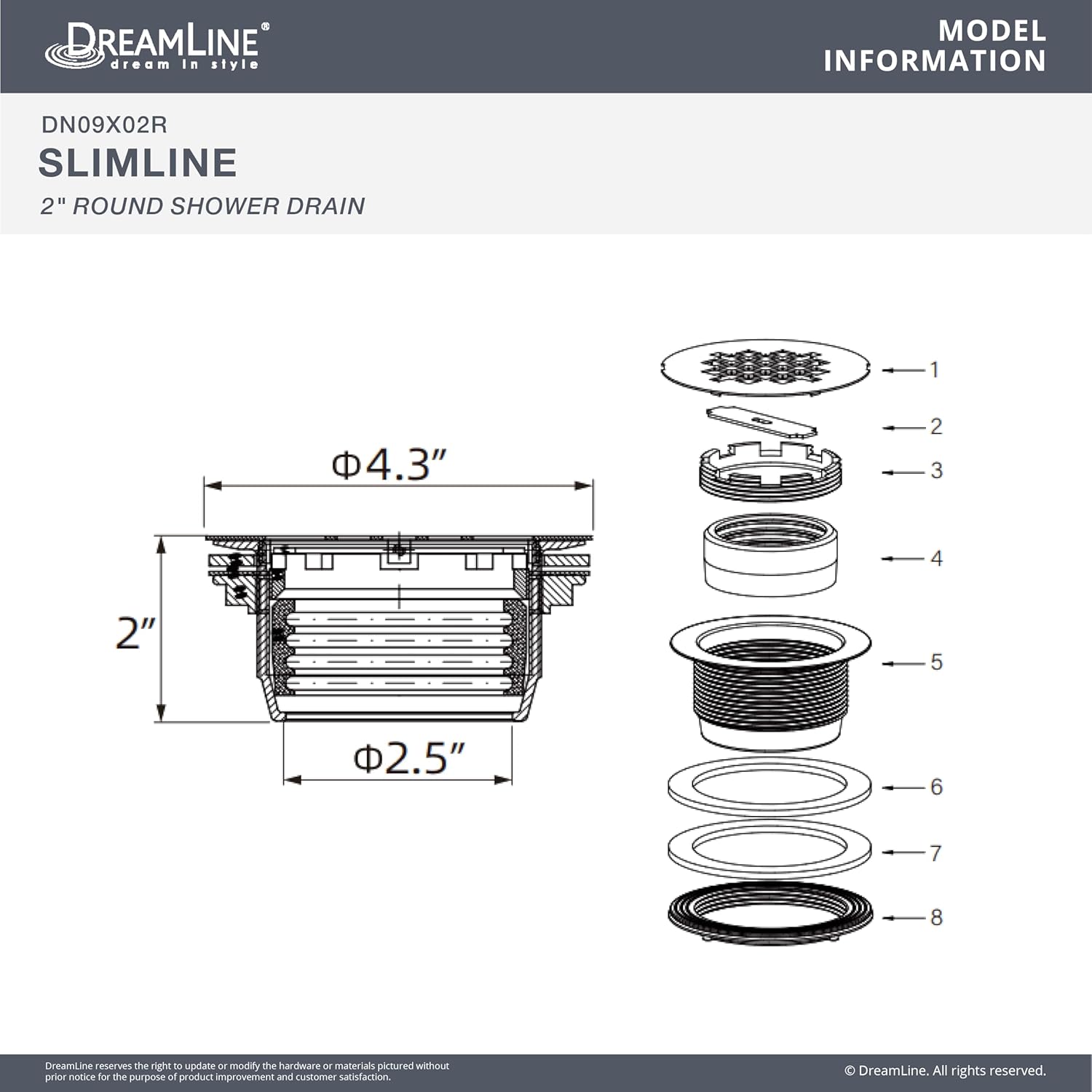 DreamLine Slimline 2 inch Round Shower Drain, Brushed Brass