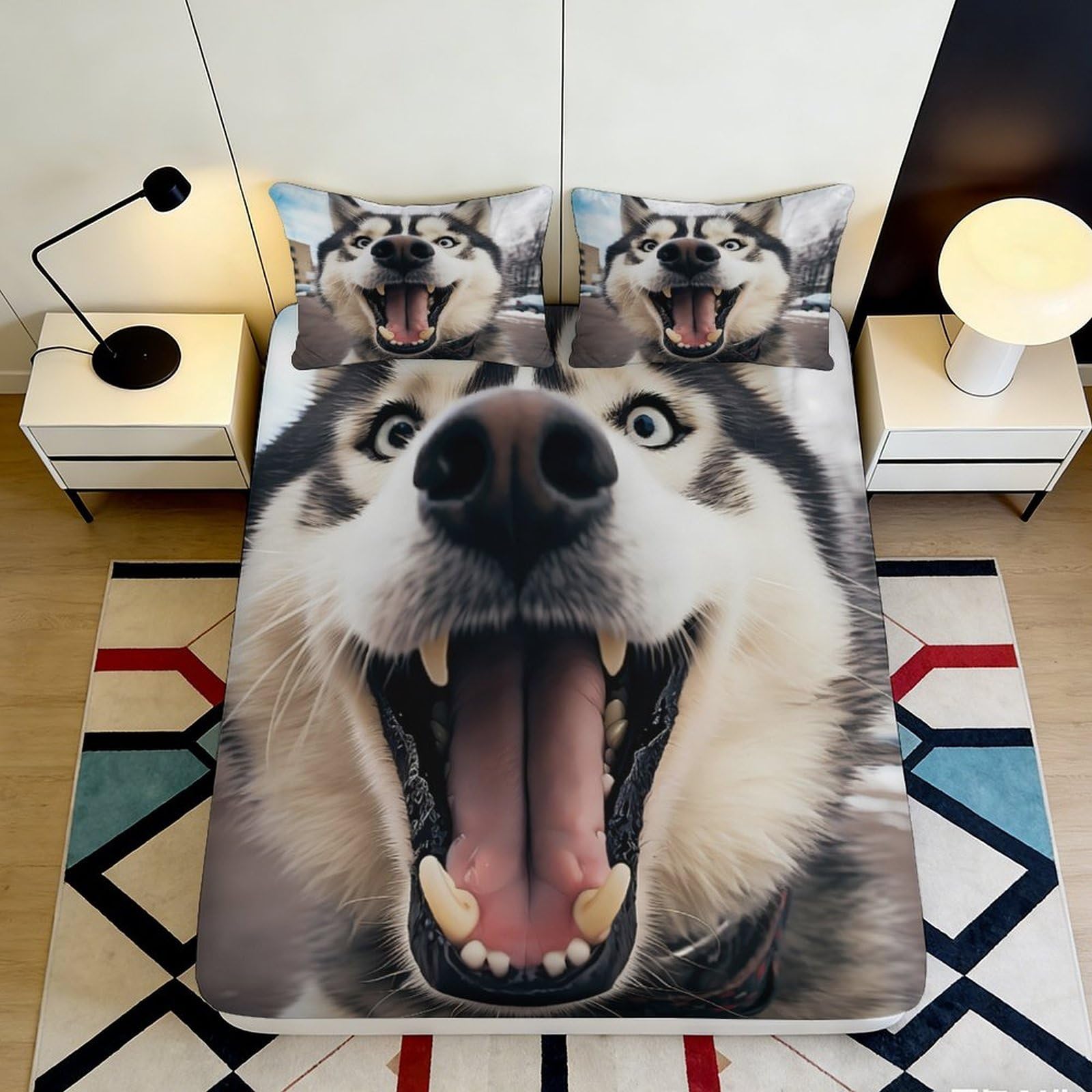 3D Printed Happy Husky Fitted Sheet Microfiber Soft Breathable Smiling Dog Bed Cover for Bedroom Dormitory Guest Room Mattress Protection Decor 140x200x25cm