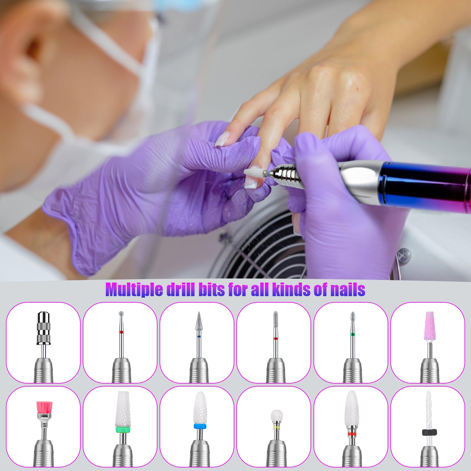 Torno para Uñas Profesional 35000RPM Pulidor Lima Electrica Uñas con 12 Cabezales de Pulido y 36 Cintas Abrasivas para Manicura y Pedicura