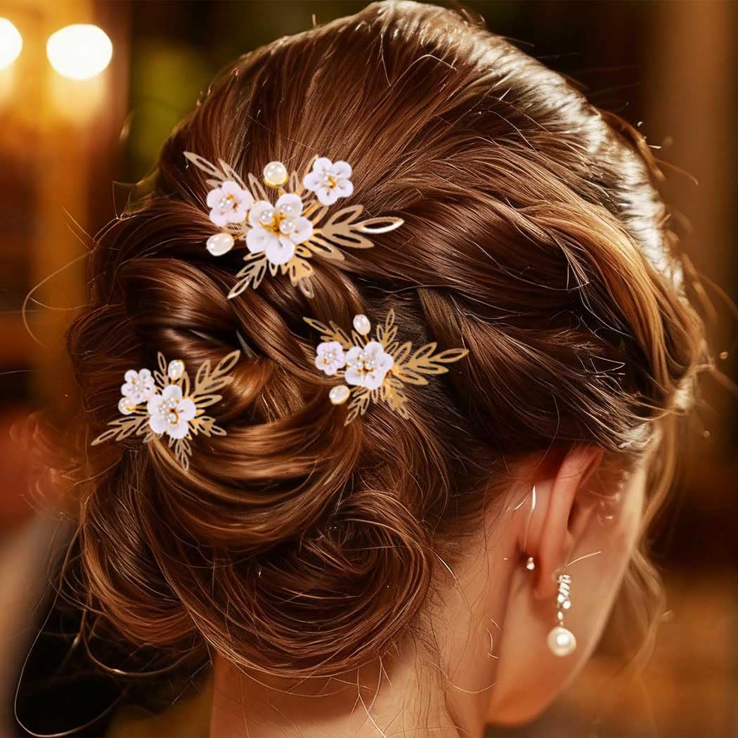 BARTOSI Flower Wedding Hair Pins Gold Hair Clips Bridal Hair Pieces Bride Hair Accessories for Women and Girls (Pack of 3)