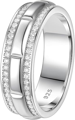 Miniatura 1 de Anillo de boda de oro blanco para hombre, plata de ley 925 con 13 circonitas cúbicas de corte redondo, anillo de compromiso para él, talla 7-14