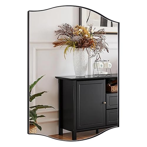 Scalloped Bathroom Mirror，24"x32" Black Rectangle Wall Mirror with Curved Edge