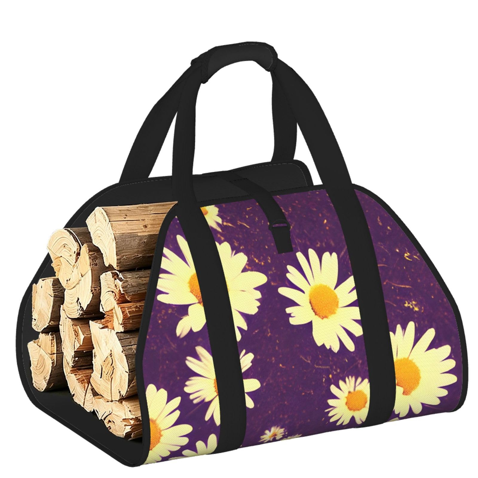 Ayyqwe Black Daisy Purple Flowers Print Firewood Bag Wood Waterproof Versatile Camping Picnic Storage Daily Home