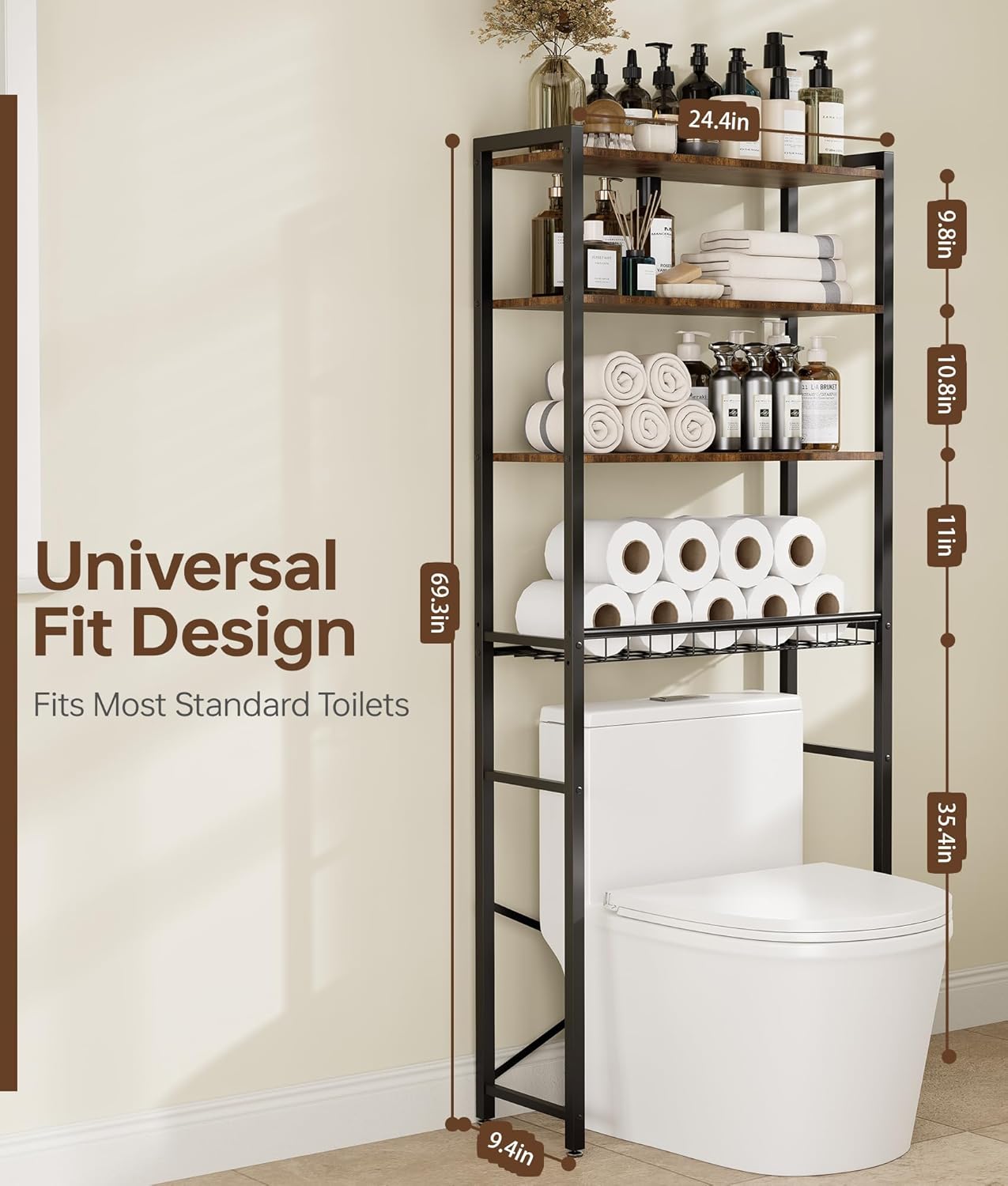 4-Tier Over-the-Toilet Storage Rack with One-Piece Wooden Shelves & Open Net Basket, Bathroom Organizer with Adjustable Feet & Anti-Tip Kit, Space-Saving Toilet Shelf, Brown, 24.4" x 9.4" x 69.3"
