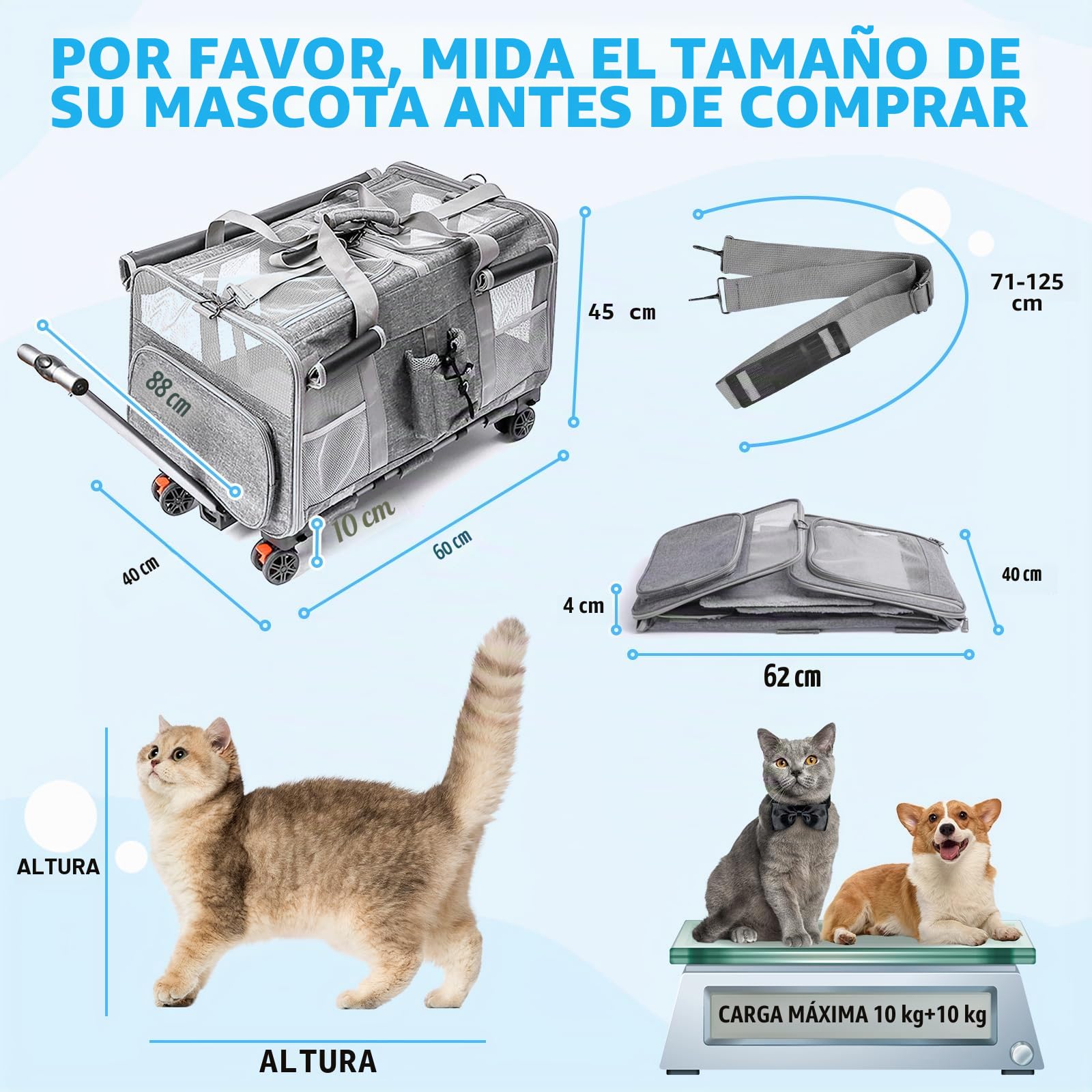 Transportín para Mascotas con Ruedas y Asa Telescópica, Carga Máxima 20 kg, Expandible Transportin Gato/Perro, para Viajar en Tren/Automóvil/Restaurante/Avión