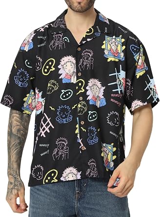 Unisex Anime Shirts for Men and Women, Pink Hair Sorcerer Dark Graffiti Version Printed Kimono Fit Hawaiian Shirt