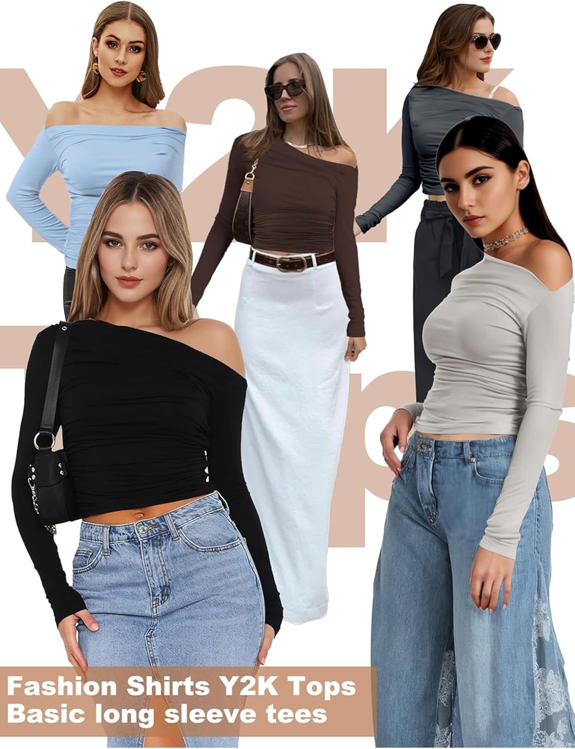 Buauty Womens Off Shoulder Tops Long Sleeve Crop Tops Casual Boat Neck Going Out Blouses One Shoulder Y2K Tight Shirts 2026 - Image 6