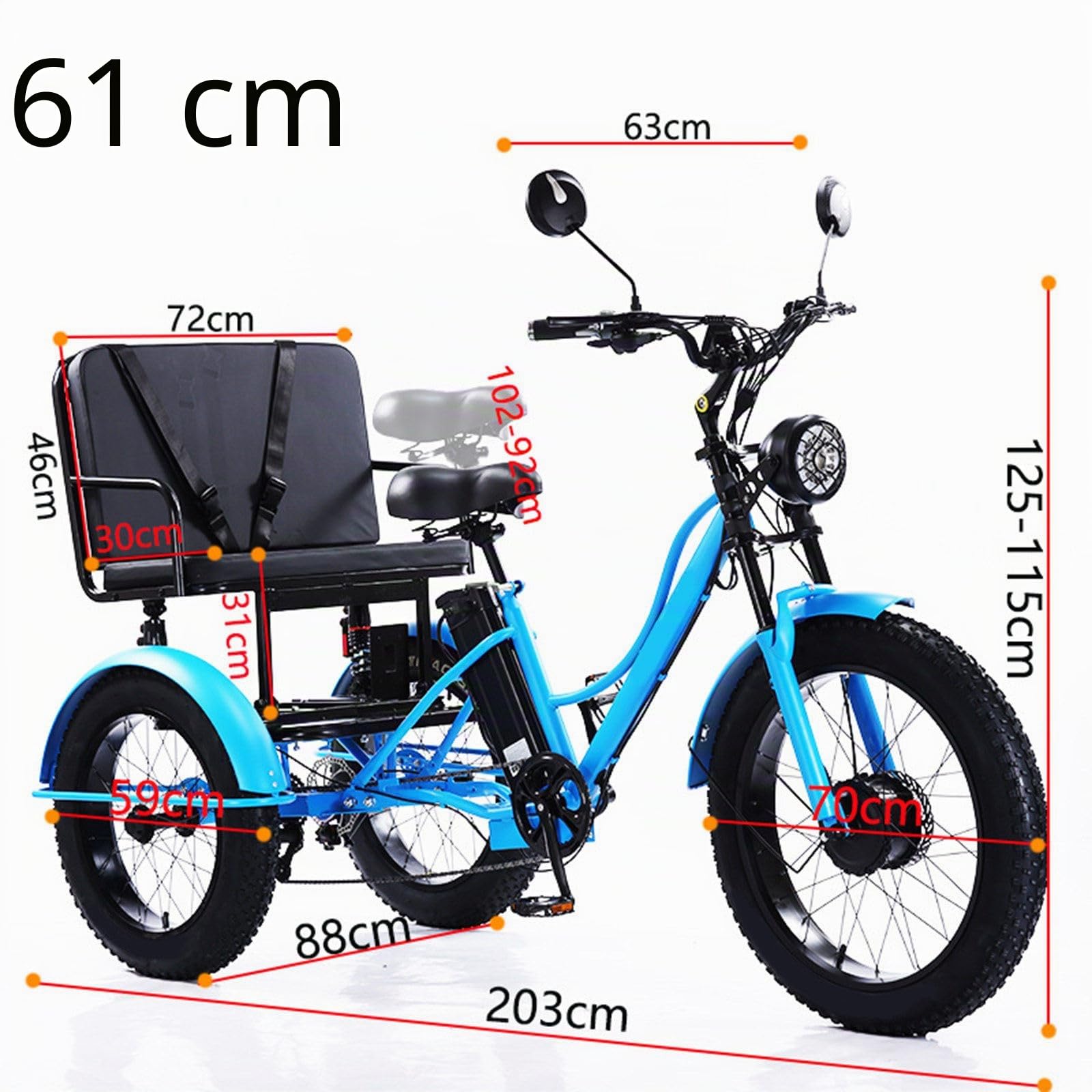 Tricycle éLectrique 24 Pouces à Gros Pneus avec Siège Passager pour Adulte, VéLo éLectrique 48 V/18 Ah - Charge Maximale : 150 Kg, écran LCD Et Phare, pour La Ville Et La Montagne. Blue