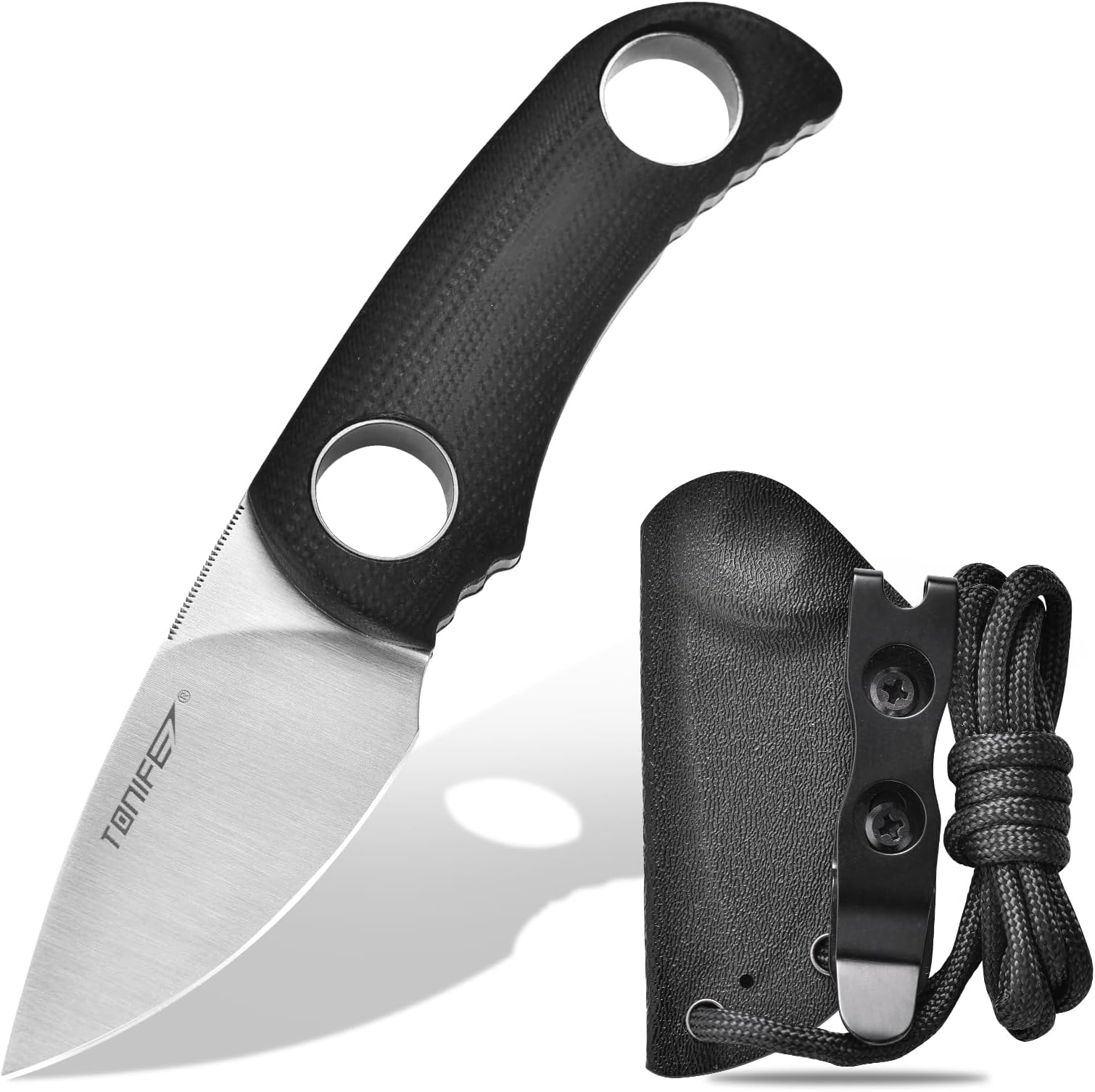 Fixed Blade Knife 4.8cm, Mini Neck Knife with Kydex Sheath and Cord, EDC Portable Fixed Knife for Outdoor Survival