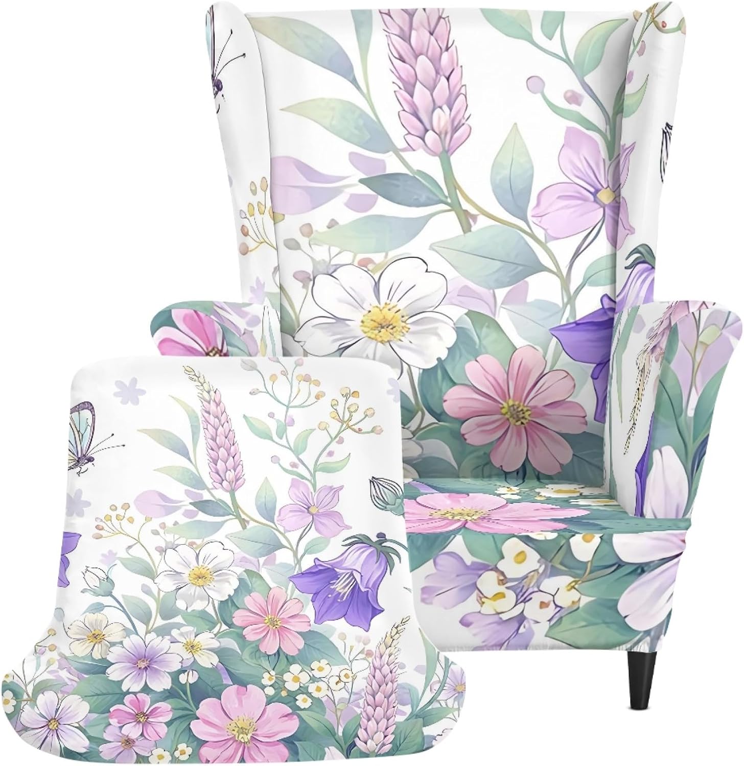 Retro Purple Floral Wingback Chair Cover 2 Piece Wing Backed Sofa Slipcover with Elastic Bottom Living Room Couch Slipcover for Armchair Easy to Install