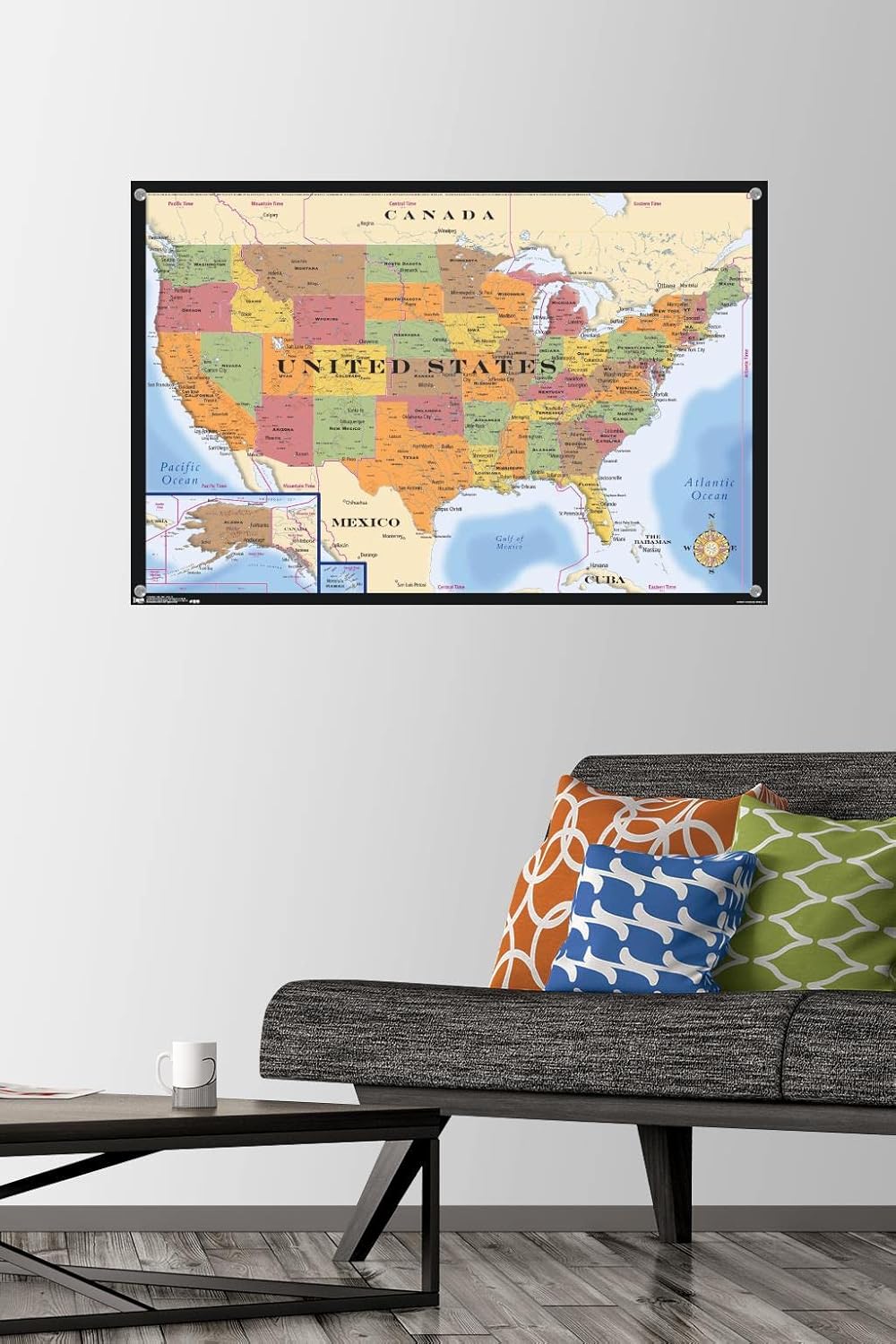 地図 - USA タイムゾーン ウォールポスター プッシュピン付き
