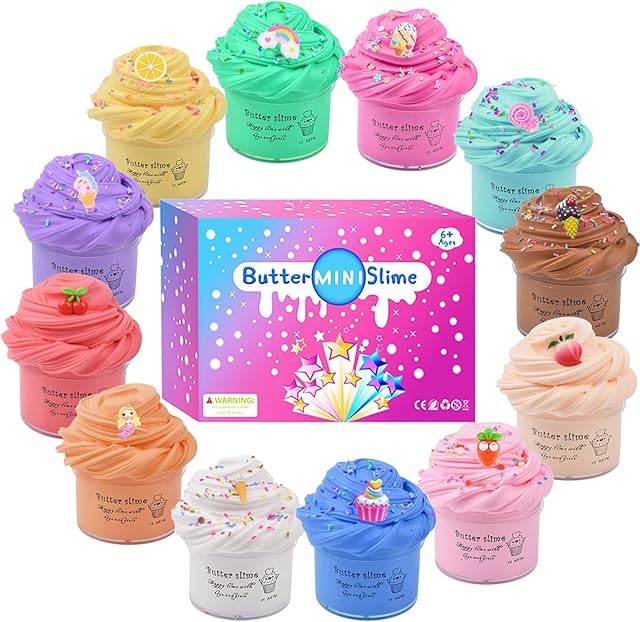 Fluffy Slime Kit -12 Pack Butter Slime Kits,Include Rainbow Unicorn and Fruit Slime,Super Soft and Non-Sticky,Stress Relief Slime Putty Toy for Girls Boys
