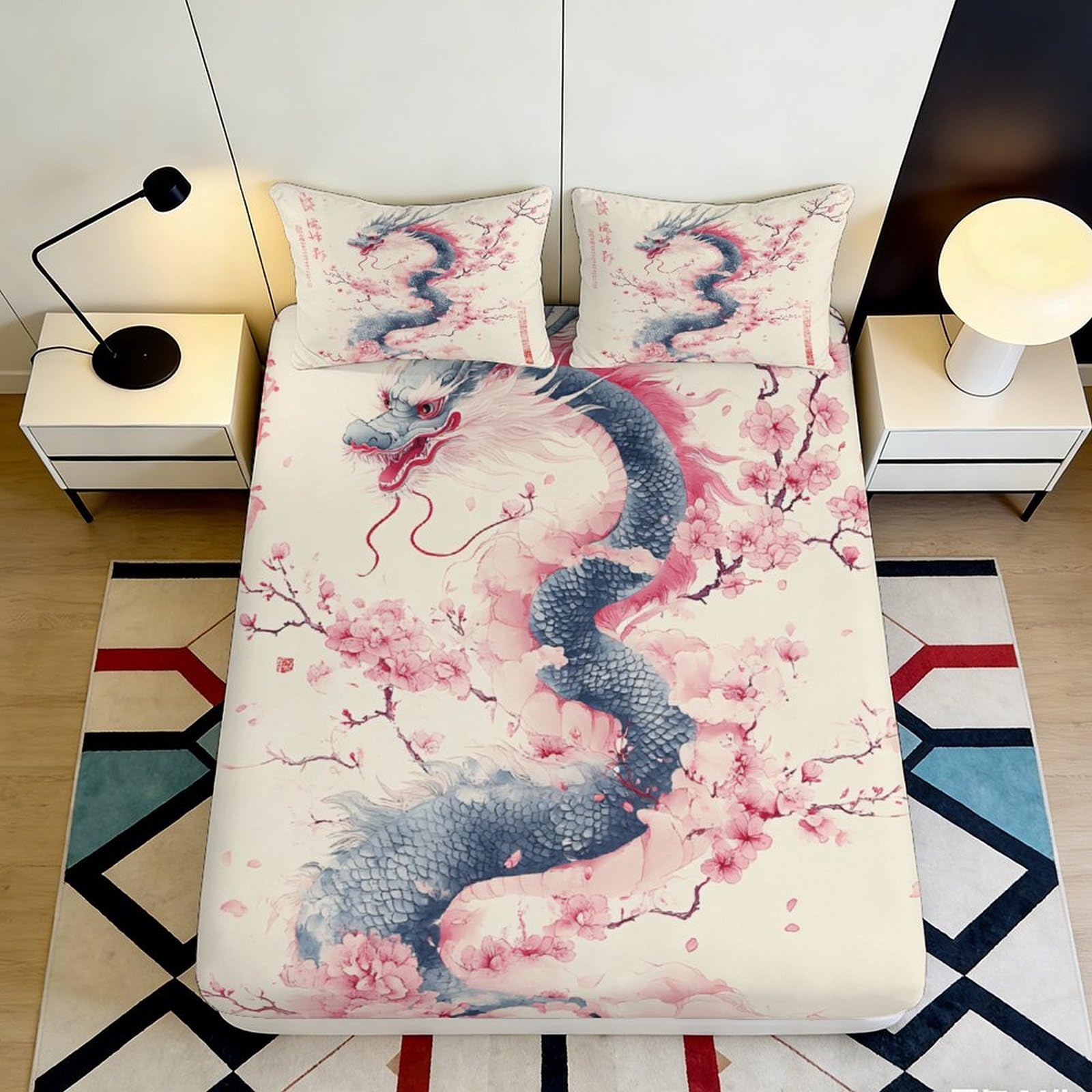 3D Printed Blue Dragon Fitted Sheet Microfiber Soft Cherry Blossom Mattress Cover for Bedroom Dorm Decor 120x200cm 120x200x25cm