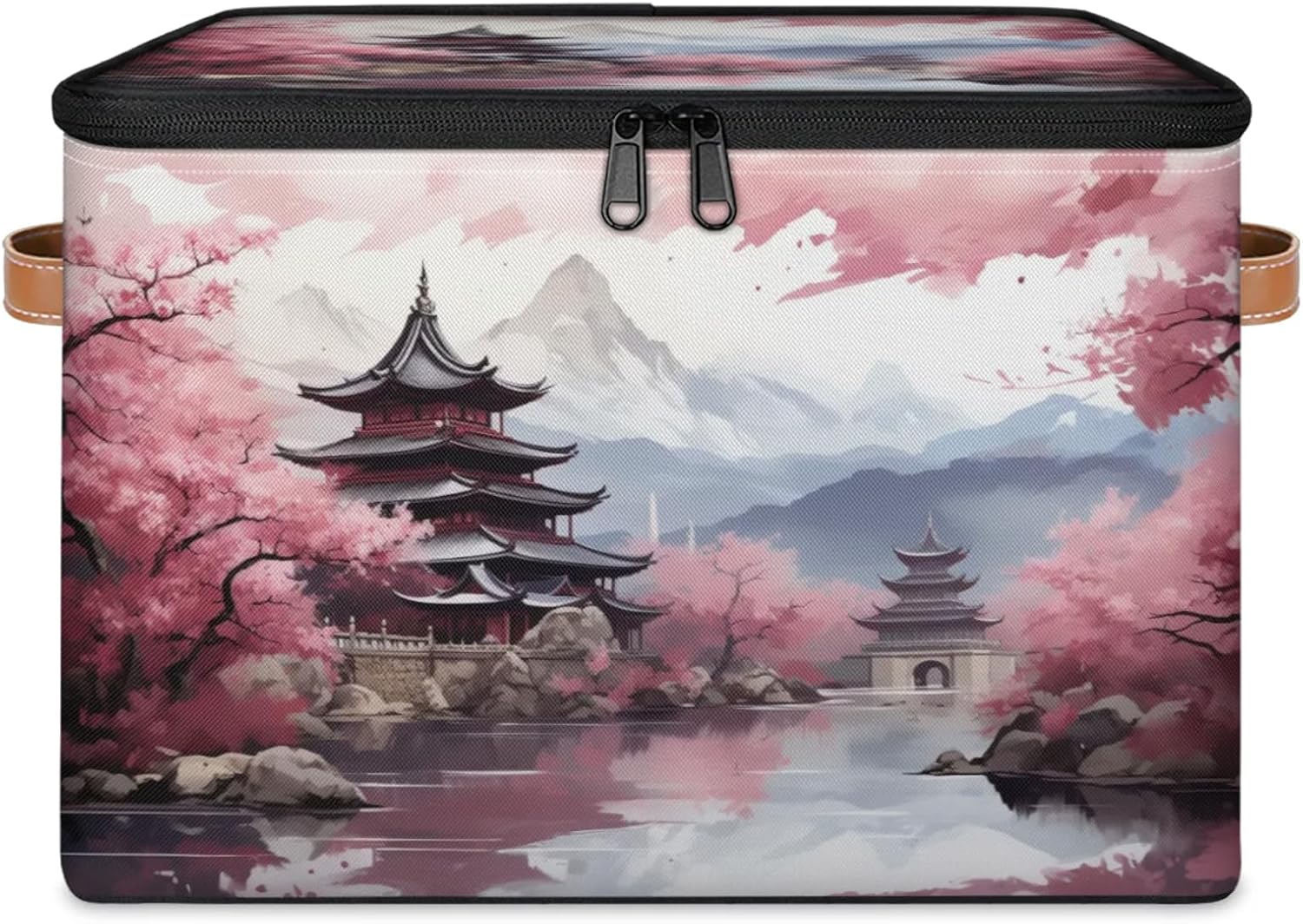 Storage Bin Set of 2 Chinese Style Scenery Storage Basket with Zipper Lid & Handle Foldable Closet Shelf 2 Pack Cloth Organizer Basket Cube Bins Clothes Organizer for Nursery, Bedroom