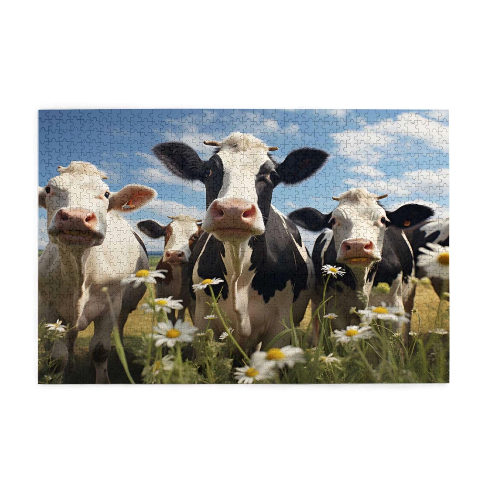 Mexpekil 1000 Pieces Jigsaw Puzzles for Adults Farm Animal Cow Daisy Wooden Puzzles Challenging Puzzle Games for Teenagers Gifts