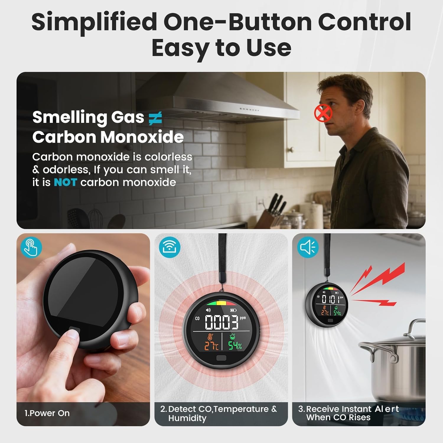 Portable Carbon Monoxide Detector for Travel - 3-in-1 Rechargeable CO Monitor with Temp & Humidity Sensor, Loud Audible & Visual Alert, 220H Standby CO Detector for Hotel, Car, RV & Home (Dark Grey)