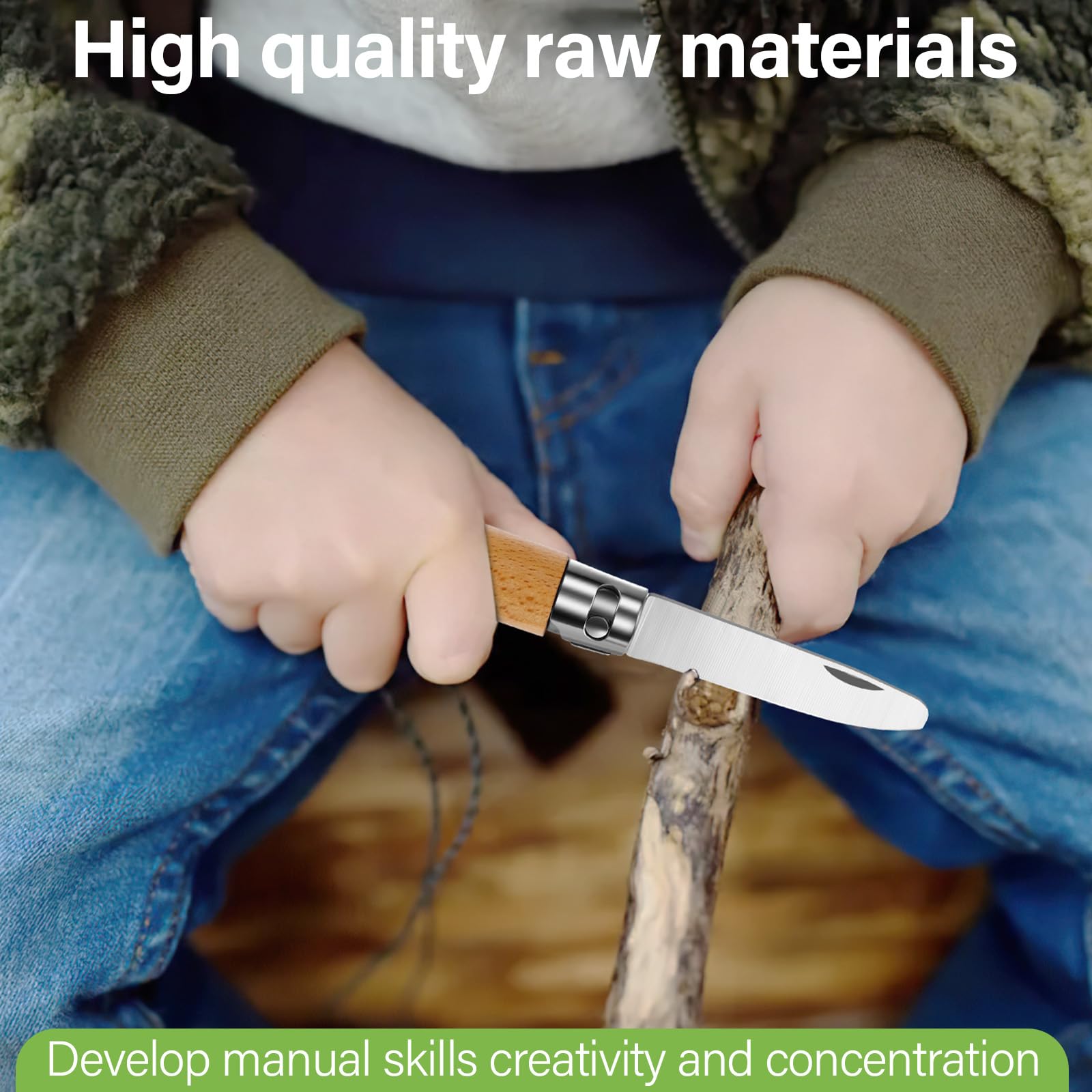 Couteau à découper pour enfants à partir de 6 ans - Ensemble de haute qualité avec poignée en bois, pliable pour extérieur avec gants