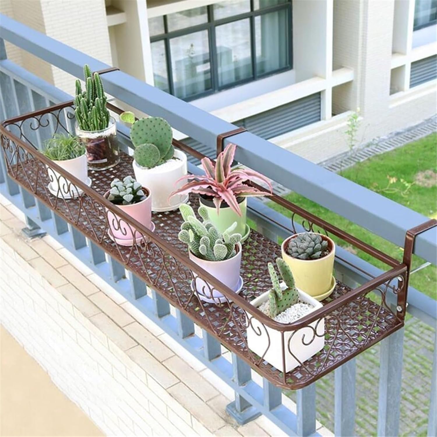 Plant-Racks Black/Brown/White Iron Flower Stand – Hanging Planter Shelf for Living Room Balcony Railing – Practical Display Stand for Flower Pots(Brown,25 * 60 * 12cm)
