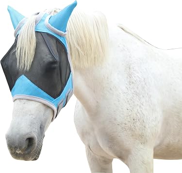 Horse Fly Mask with Ears Cover | Forelock Opening for Tangle-Free Mane Care | UV Protection & Breathable Mesh | No Rub Fit and Enhanced Visbility for Trail Riding Paleblue Full