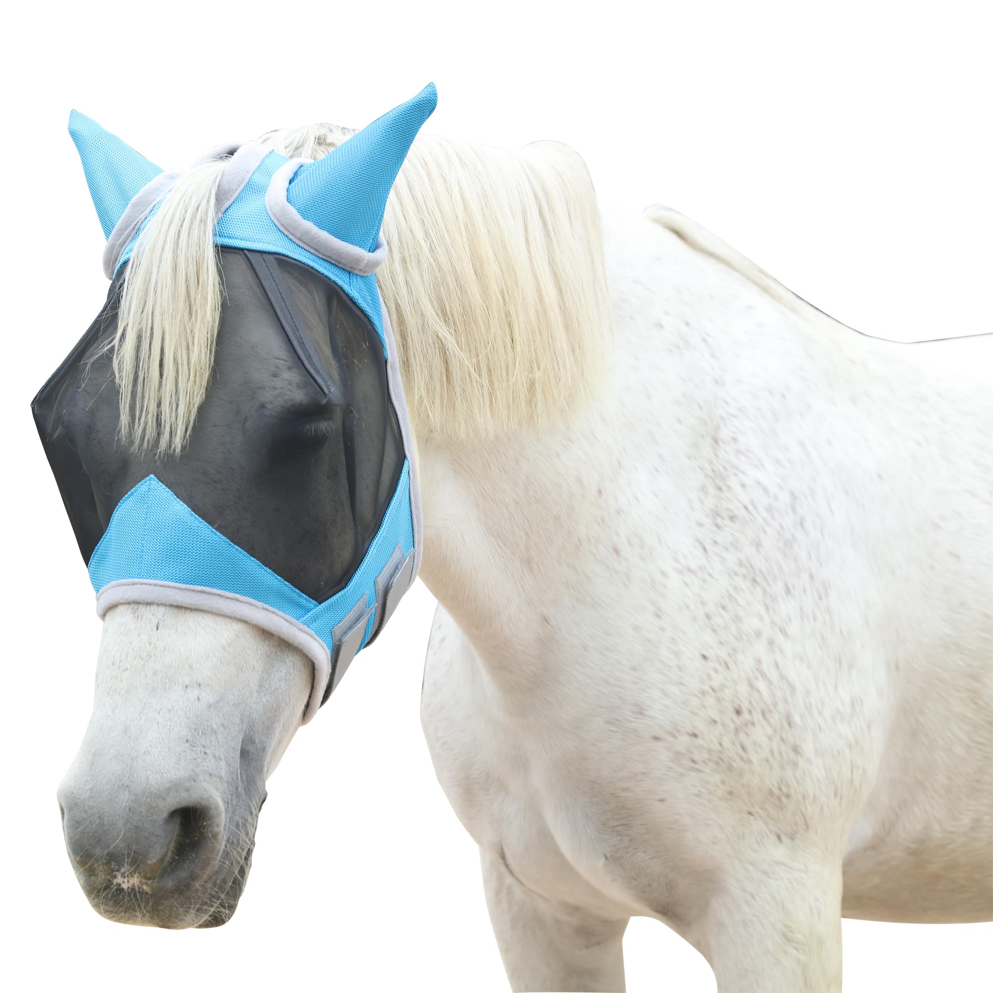 Horse Fly Mask with Ears Cover | Forelock Opening for Tangle-Free Mane Care | UV Protection & Breathable Mesh | No Rub Fit and Enhanced Visbility for Trail Riding Paleblue Pony