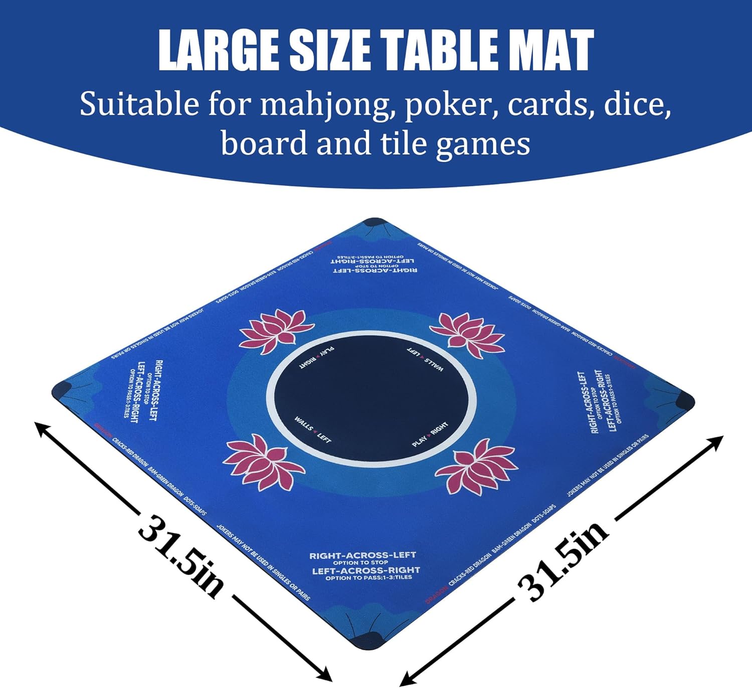 BALAPET Portable Mahjong Mat with Playing Instructions for Learning, Anti Slip Mahjong Mat for Table,Noise Reduction Table Mat for Poker Card,Board & Tile Games,31.5x31.5in,Patent Pending (Royal blue)