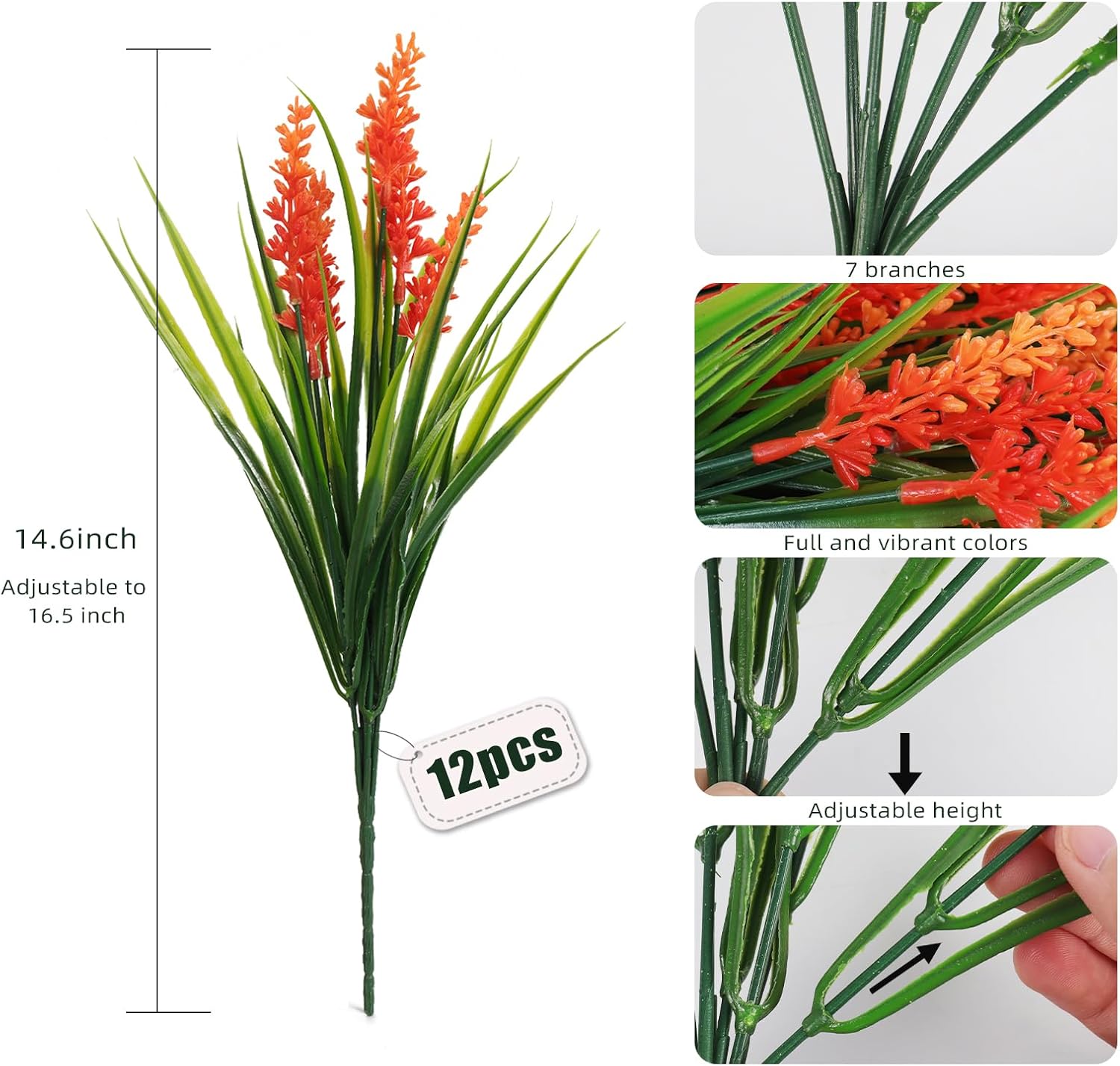 Spring Fake Fall Flowers Outside,Artificial Plants Outdoor, UV Resistant Faux Monkey Grass Greenery Stems Faux Plastic Flowers Shrubs for Home Weddings Garden Porch Front Patio Office Decor(Orange)
