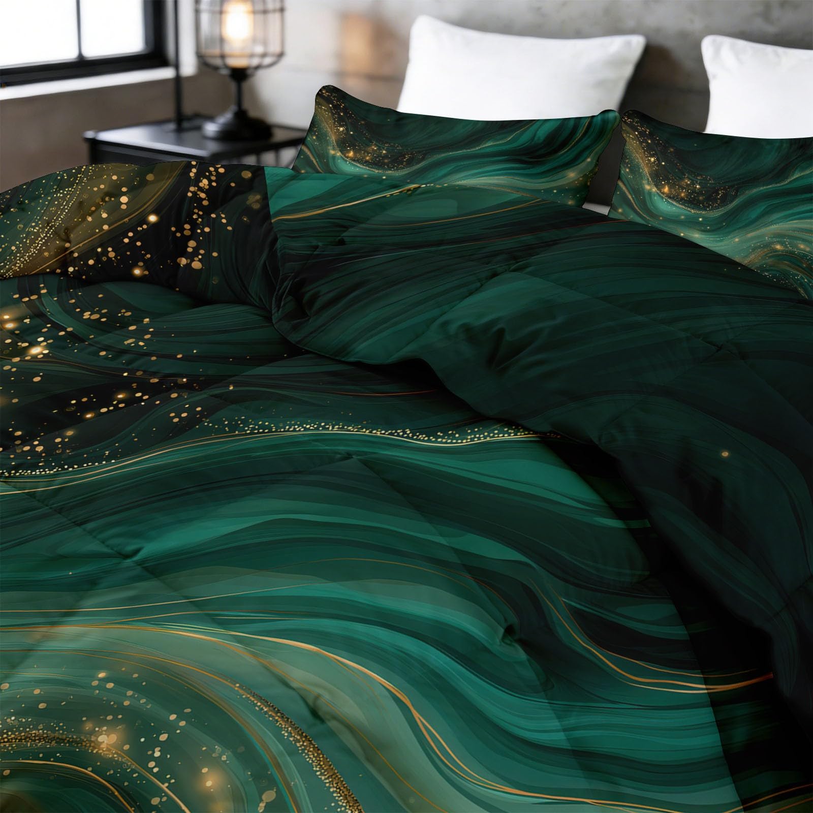 Bettdecke ohne Bezug 155x220cm, 4 Jahreszeiten Abstrakte Linien Wirbel Grüner Marmor Steppdecke mit 2 Kissenbezug - Warme Weiche Atmungsaktive Schlafdecke Waschbar Ganzjahresdecke - Dunkle Farbe
