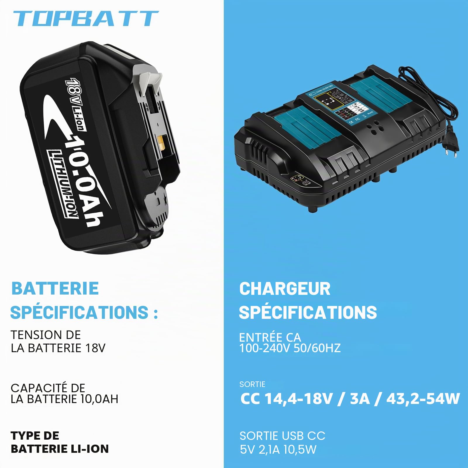 2Packs 10A BL1860B Remplacement pour Makita Batterie 18V et Un Chargeur | DC18RD Double Charge Compatible avec Makita 14,4V- 18V Batterie