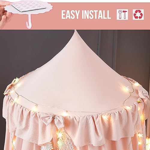 Miniatura 6 de Kertnic Toldo de cama para niñas, toldo de princesa rosa suave con volantes, decoración de lazo de ensueño, toldos de cama para habitación de los