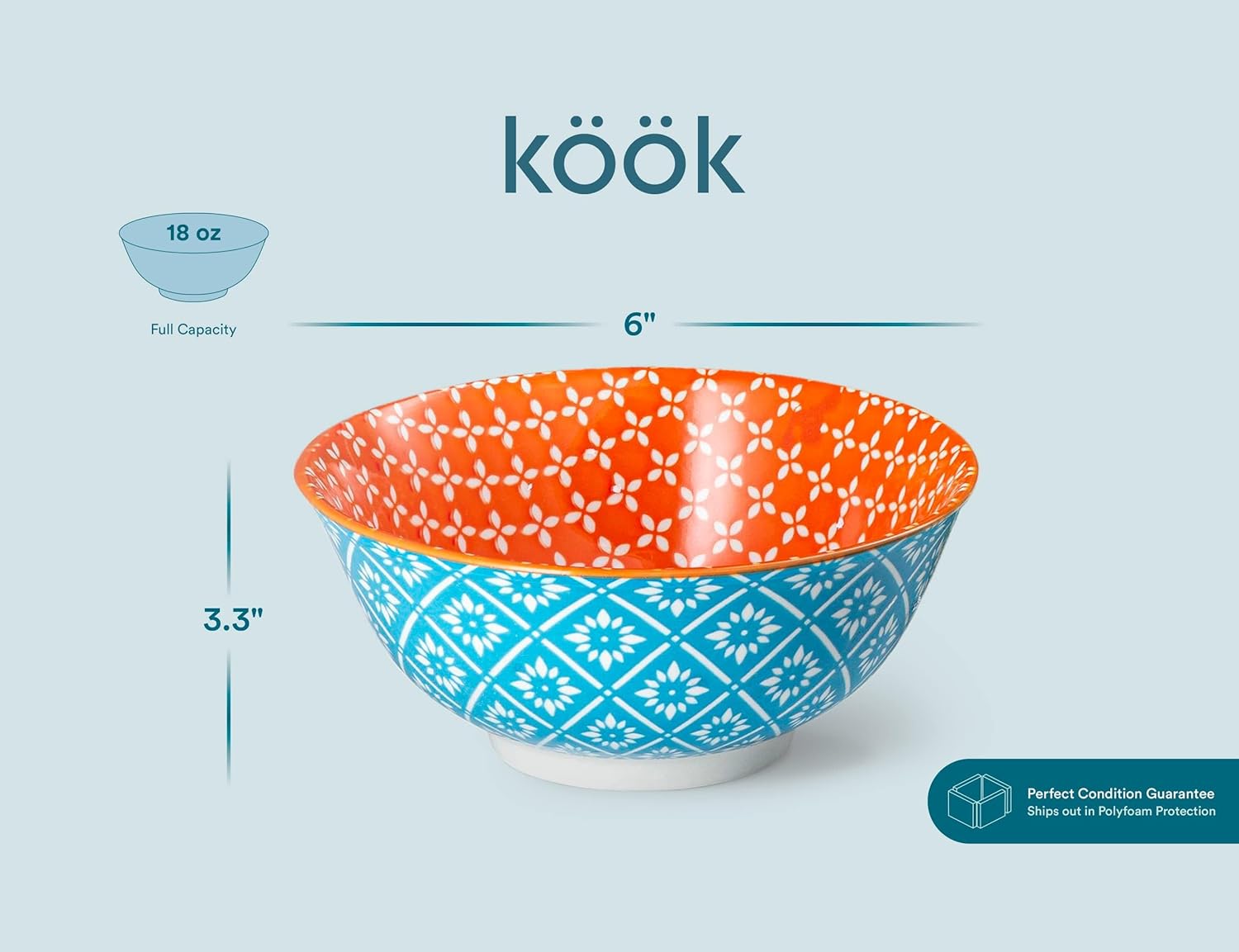KooK Colorful Bowl, Ceramic Porcelain Bowls for Cereal, Fruit, Vibrant Patterned, Multi Color Designs, Housewarming Gift and Kitchen Decor for Soup, Salad, Set of 6, 18oz (Colorful) - Image 8