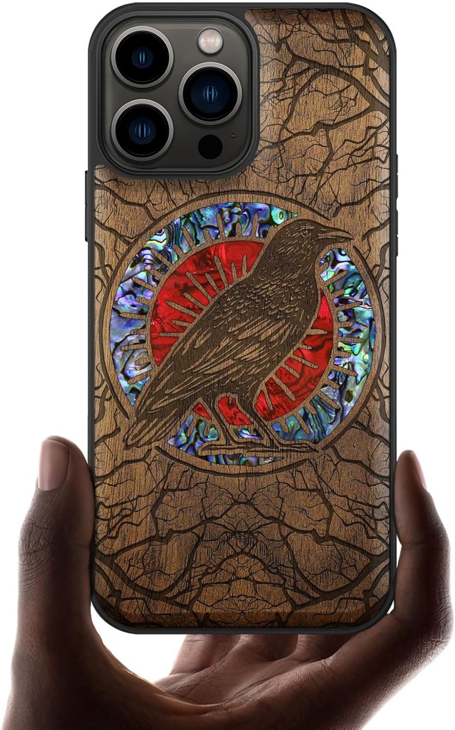 Carveit Designer Wooden Protective Case for iPhone 13 Pro Max Magnetic Cover [Wood Engraving & Shell Inlay] Compatible with 13 Pro Max MagSafe (The Haloed Crow-Blackwood)