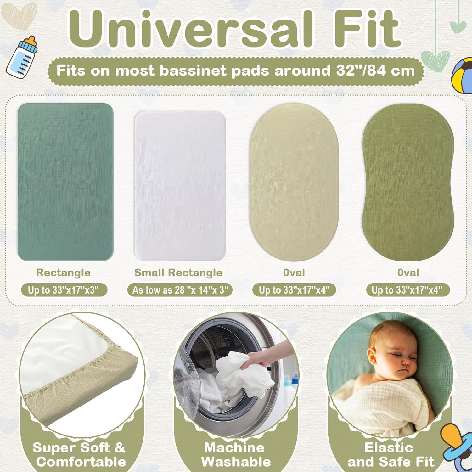 Tegeme 4 Pack Muslin Bassinet Sheets Soft Cotton Bassinet Fitted Sheets for Baby Boys Girls Neutral Solid Color Crib Mattress Cover Fit for Rectangle & Oval Bassinets Mattress(Bright Colors)