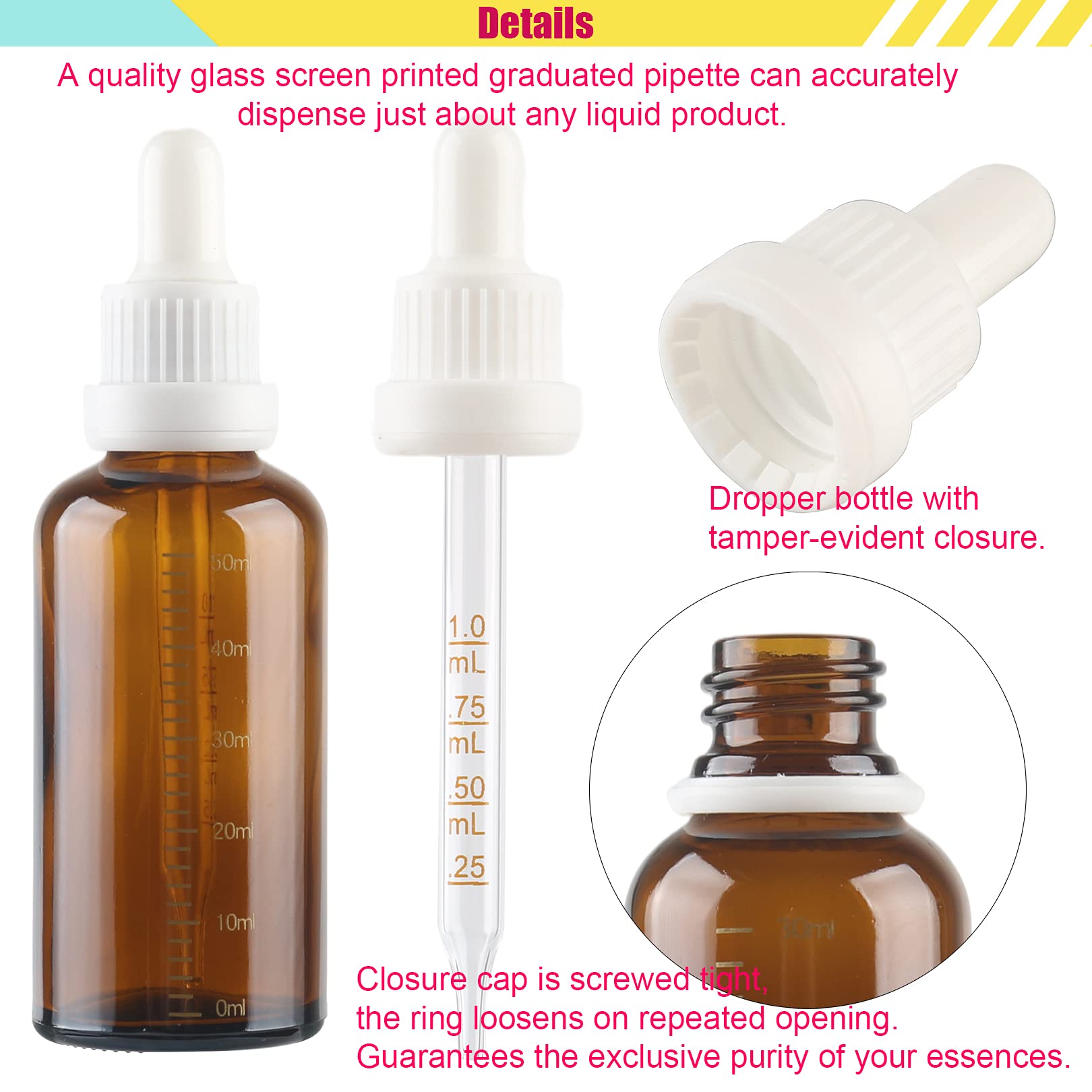 24 Piezas 50 ml Ámbar Frasco Cuentagotas Cristal con Gotero Graduado y Cierre Blanco a Prueba de Manipulaciones, Marrón Botellas Cuentagotas Calibrado para Aromaterapia Aceites Esenciales