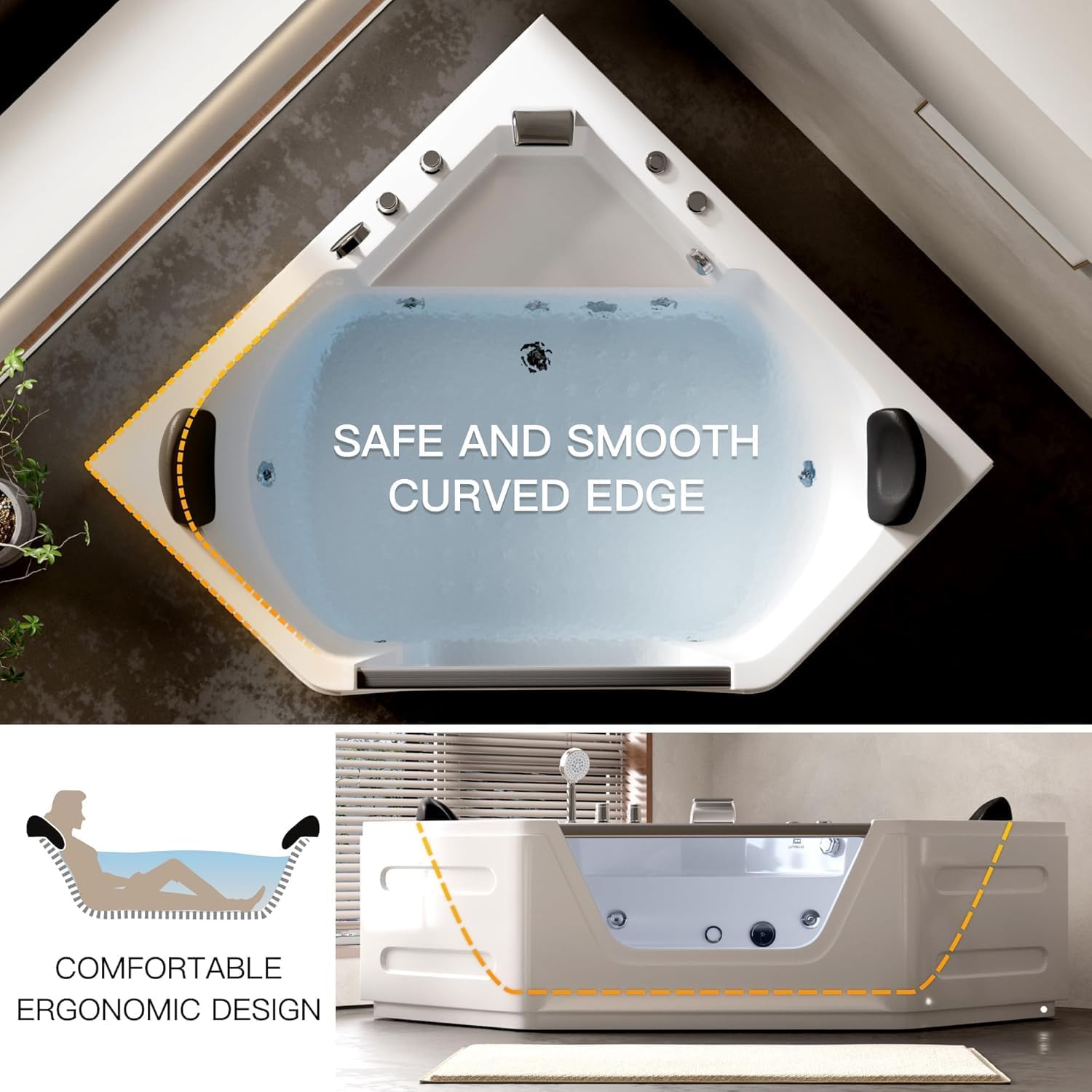 Acrylic Bath Tub with 6 Jetters | Hydromassage SPA Tub for 2 People | 59" Corner Jetted Bathtub with Waterproof Pillows | Chromatherapy Corner Tub for Bathroom