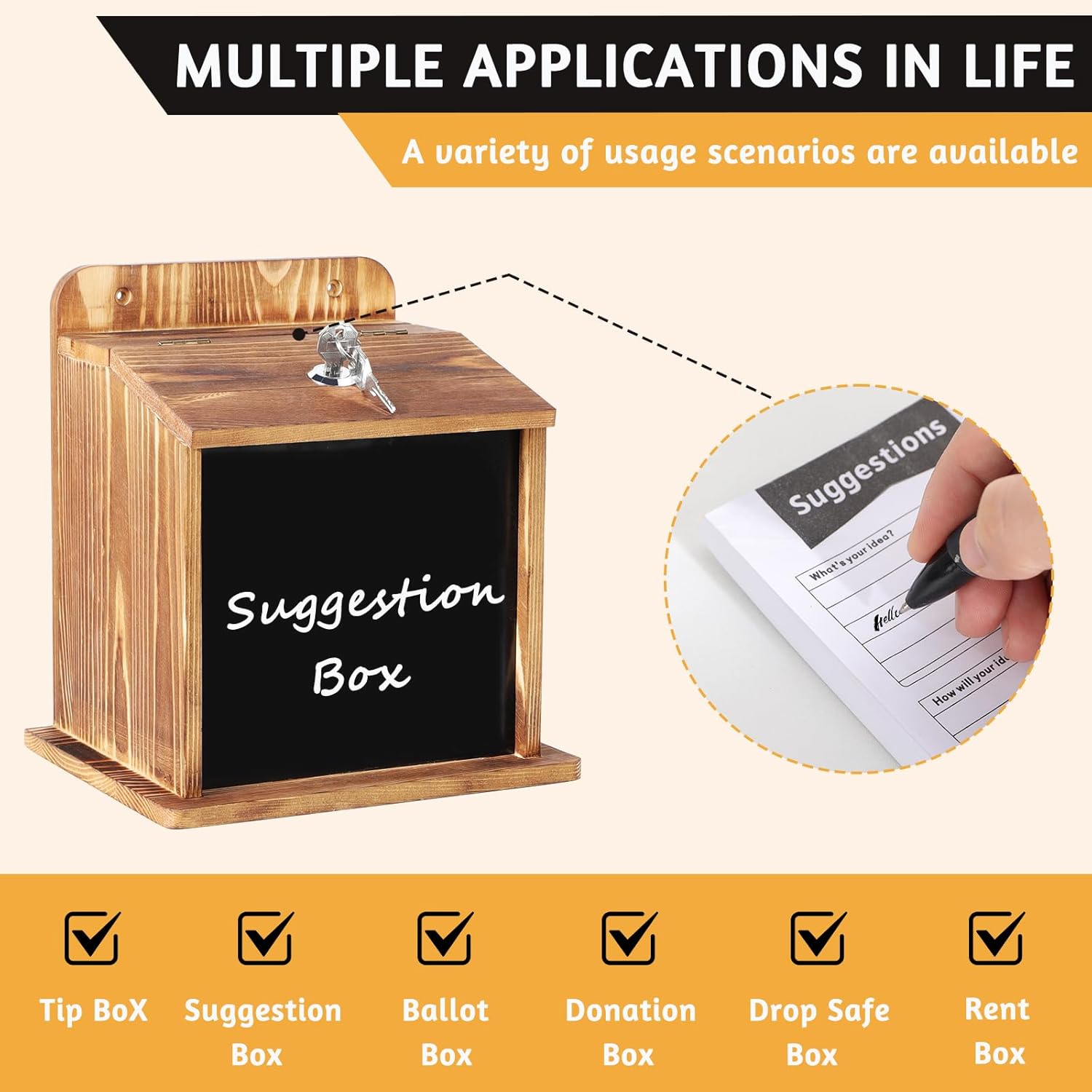 Suggestion Box with Slot and Lock - with 100 Suggestion Cards Ballot, Donation, Comment Drop Box for Church, Office, Wedding - Wall Mount/Countertop