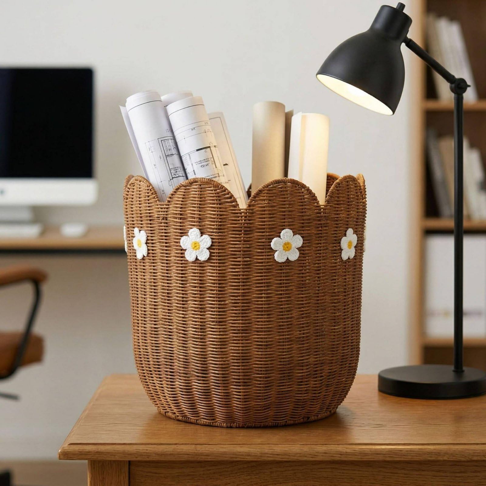 kowaku Cesta de Almacenamiento Tejida Cesta de Mimbre Cesto Organizador Contenedor Decorativo en Ratán con Toques Ornamentales Suaves y Estilo Acogedor