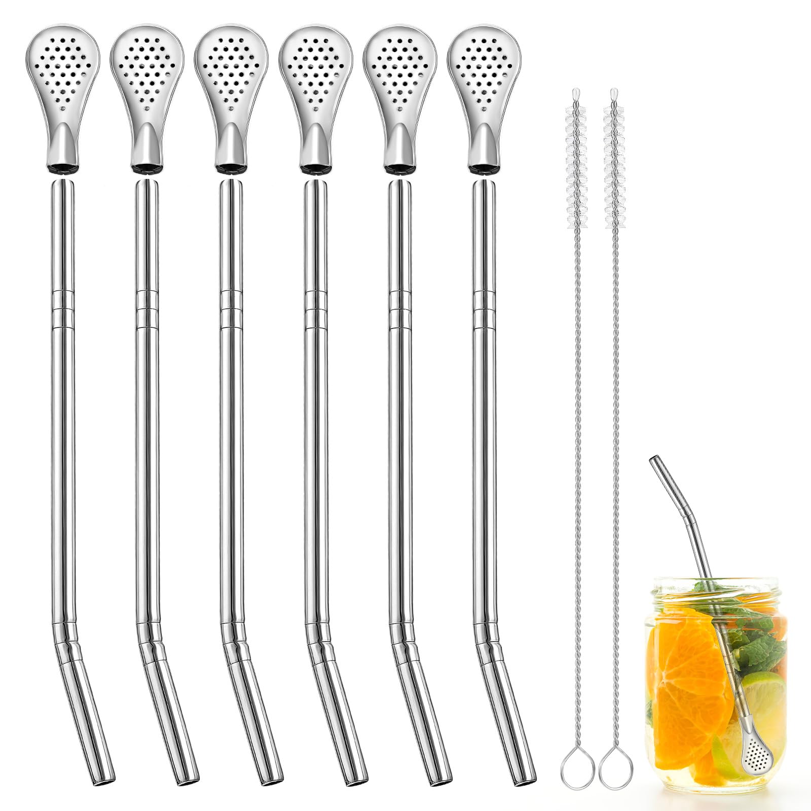 Prasacco 6 Pcs Yerba Mate Straw Bombilla Loose Tea Filter, 7.1inch Stainless Steel Mate Straw Coffee Tea Straw Long Spoon Bombillas Straws for Coffee Cocktail Stirring Filter (with 2 Cleaning Brush)