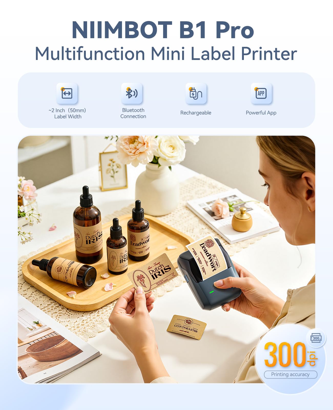 NIIMBOT B1 Pro Etikettendrucker mit 1 Etikett, 300 DPI Thermo-Etikettendrucker | Bluetooth-Etikettiermaschine für Zuhause, Büro, kleine Unternehmen, für Bastelarbeiten, Scrapbooking, Fotos, Meomo, Blau