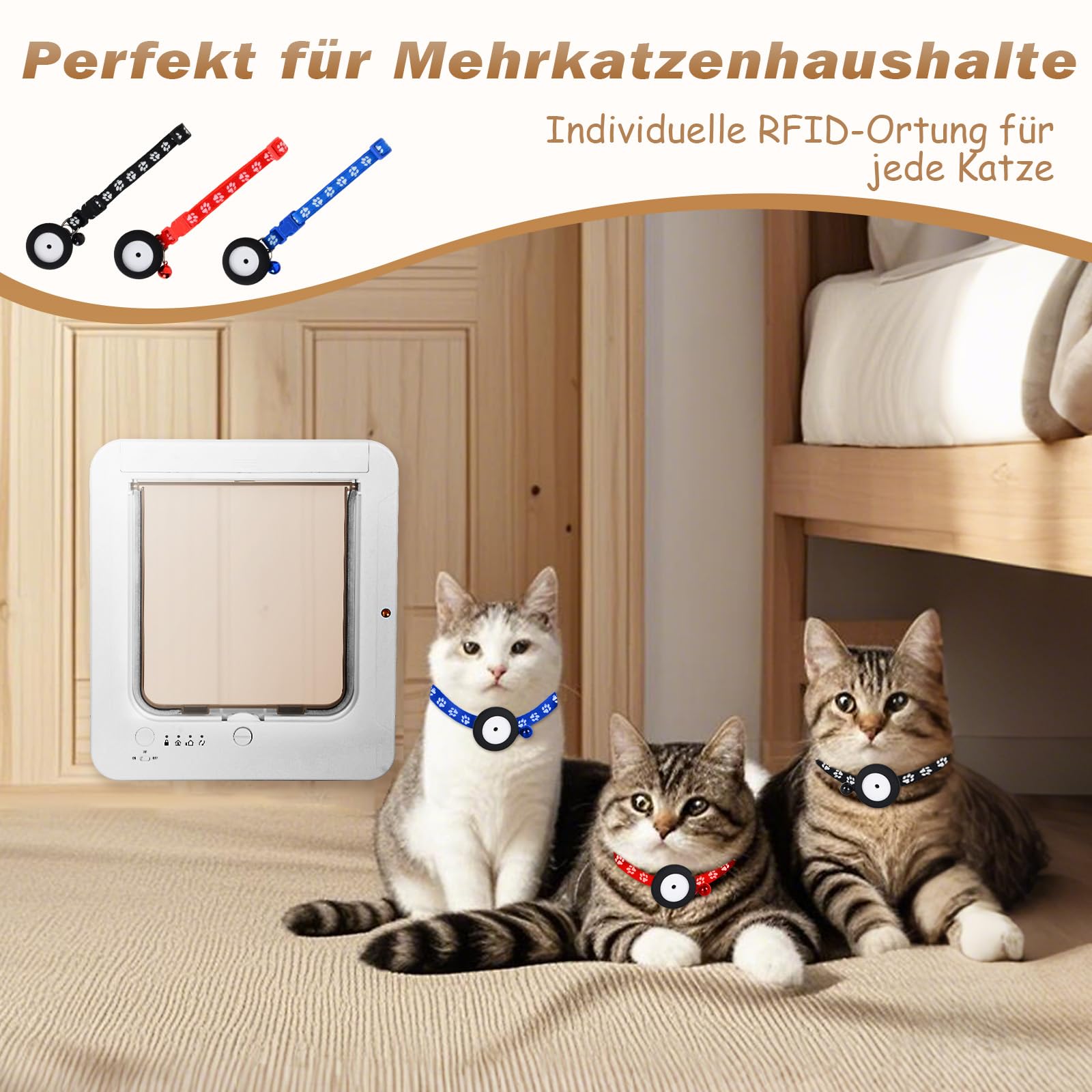 cat Smart katzenklappe Tür für Innenraum Außen, Katzenklappe mit Chiperkennung, Katzenklappe mit Chip Tür mit 3 Kragen Sensor Schlüsseln