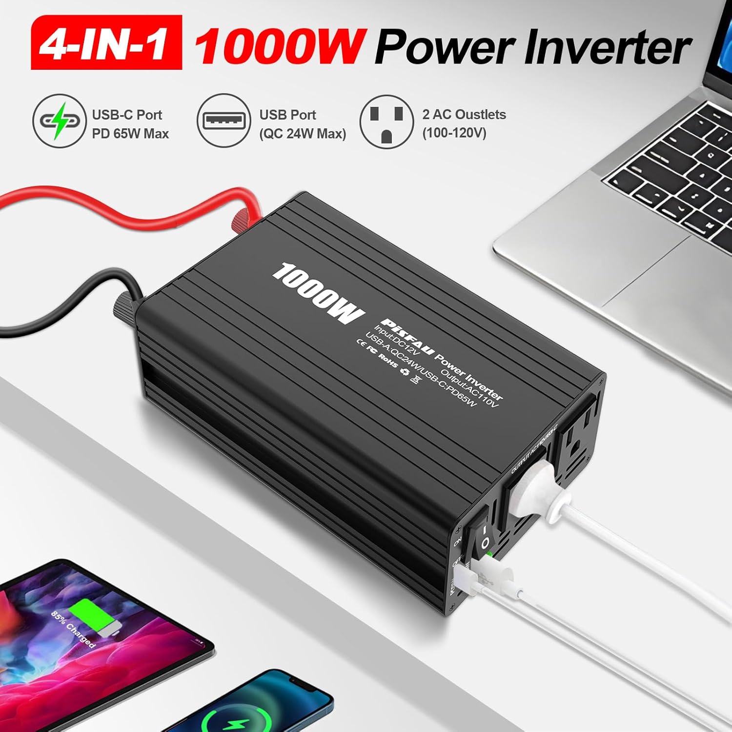 PiSFAU 1000w Inverter 12V to 110V, Power Inverter for Vehicles 1000 watts, Dc to AC Converter with 65W USB-C Inverter Charger for Road Strip, Camping, Emergency