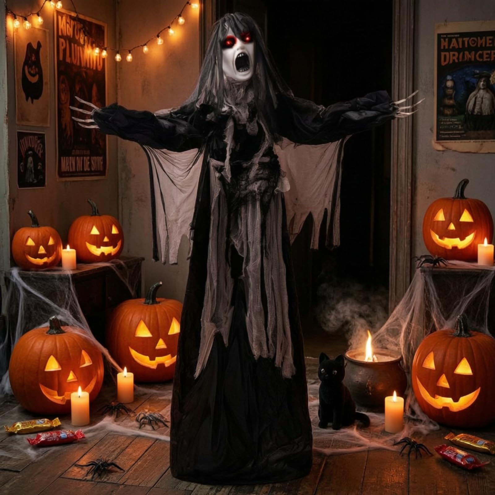 de Halloween Figura Decoración Fantasma Cadáver con Cabeza Giratoria Manos en Garra y Montaje Sencillo a Batería AA y Estructura Colgante Adecuado para Temáticos Terrazas Recibidores