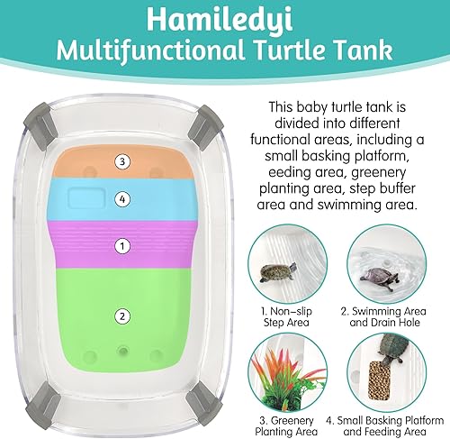 Hamiledyi Small Turtle Tank Aquarium Terrapin Terrarium Turtle Habitat with Basking Platform Baby Turtle Tank for Turtles Terrapins Crayfish Hermit Crabs Lizard and Other Small Sized Reptiles(Clear White,1 Pack)