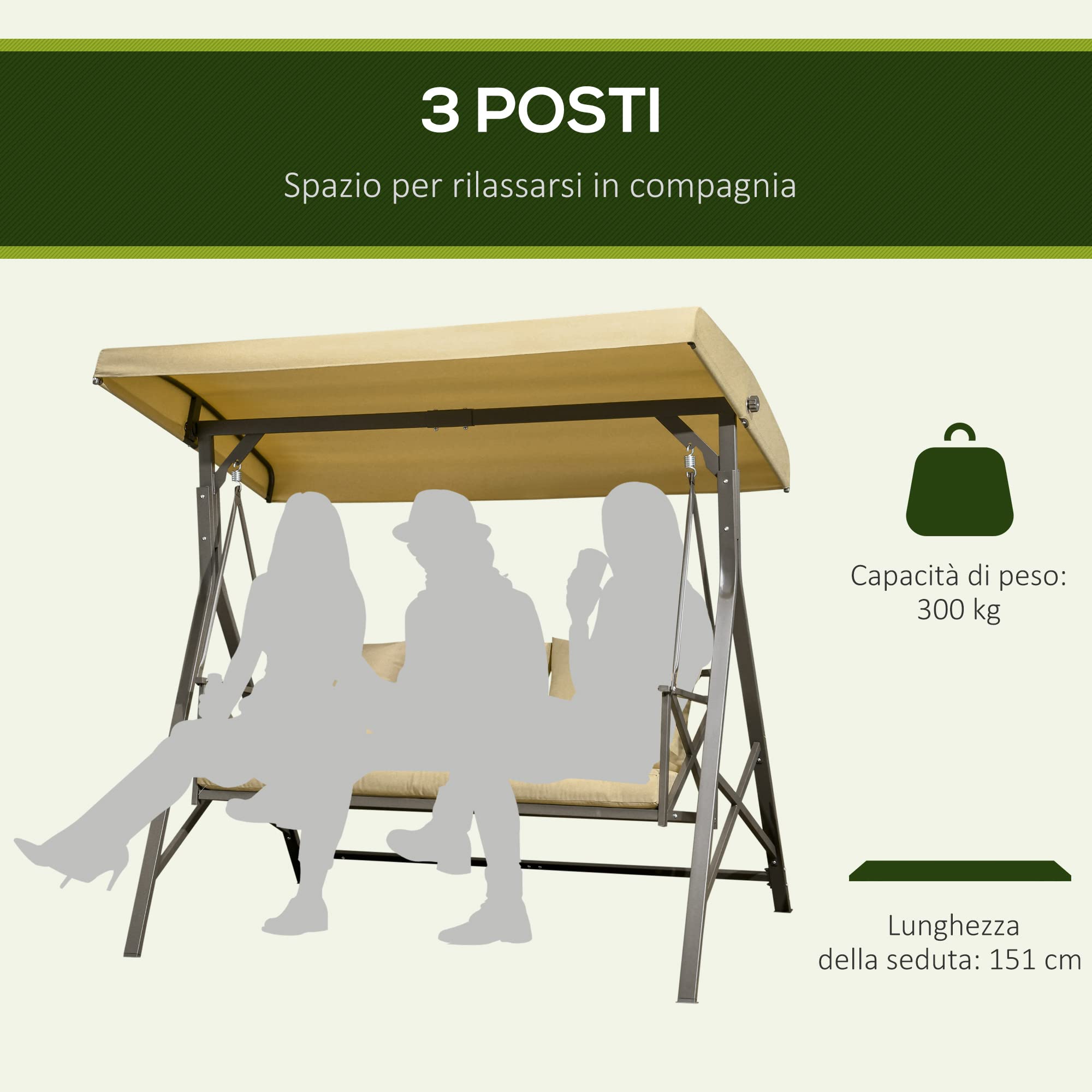 Outsunny Dondolo da Giardino 3 Posti in Acciaio e Poliestere con Tettuccio Inclinabile e Cuscini per Seduta e Schienale, 190x120x178 cm, Marrone e Kaki
