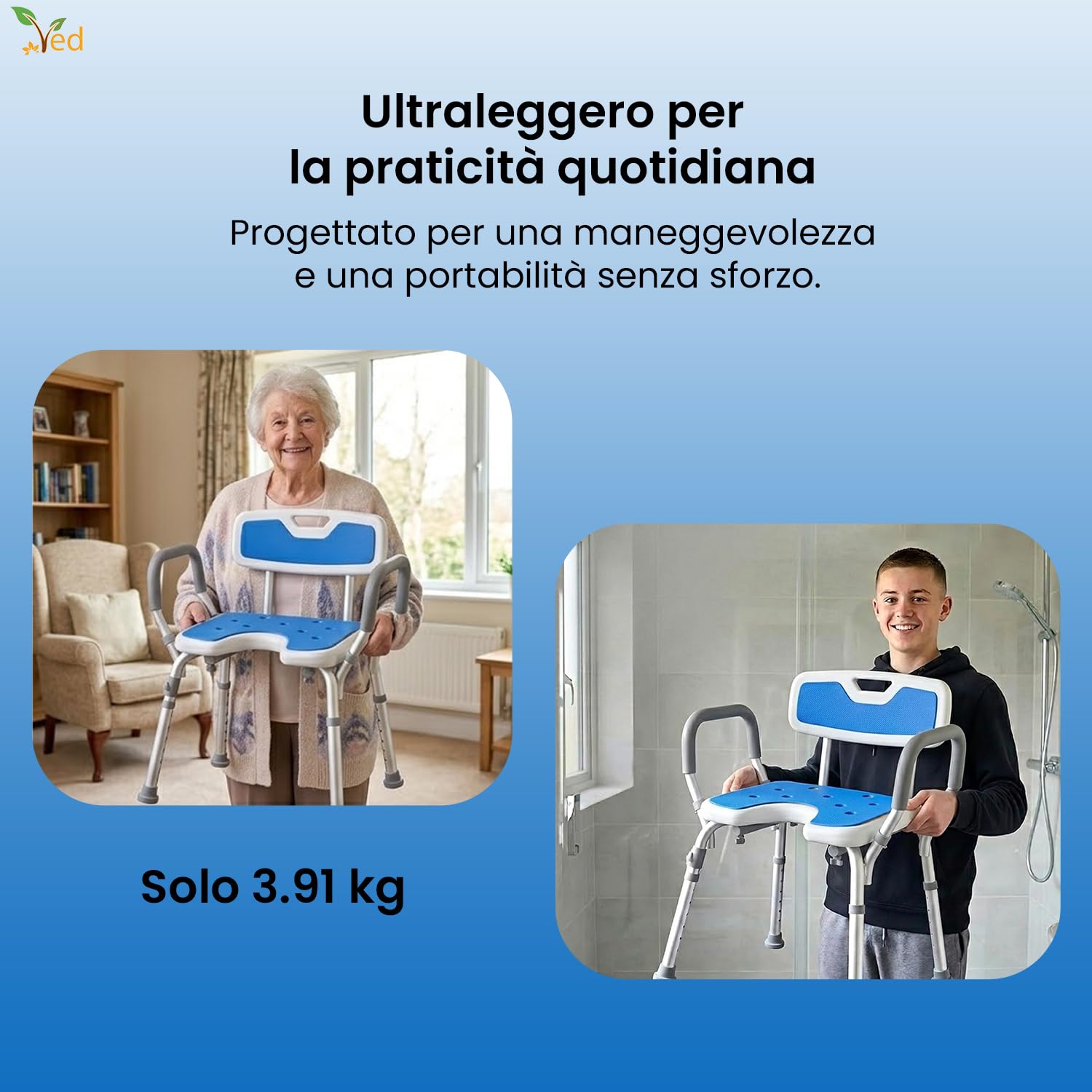 VED Sedia da Doccia a Forma di U con Braccioli e Schienale, Sgabello Regolabile in Altezza 6 Livelli, Antiscivolo per Anziani e Disabili, Capacità di Carico di 330 lb