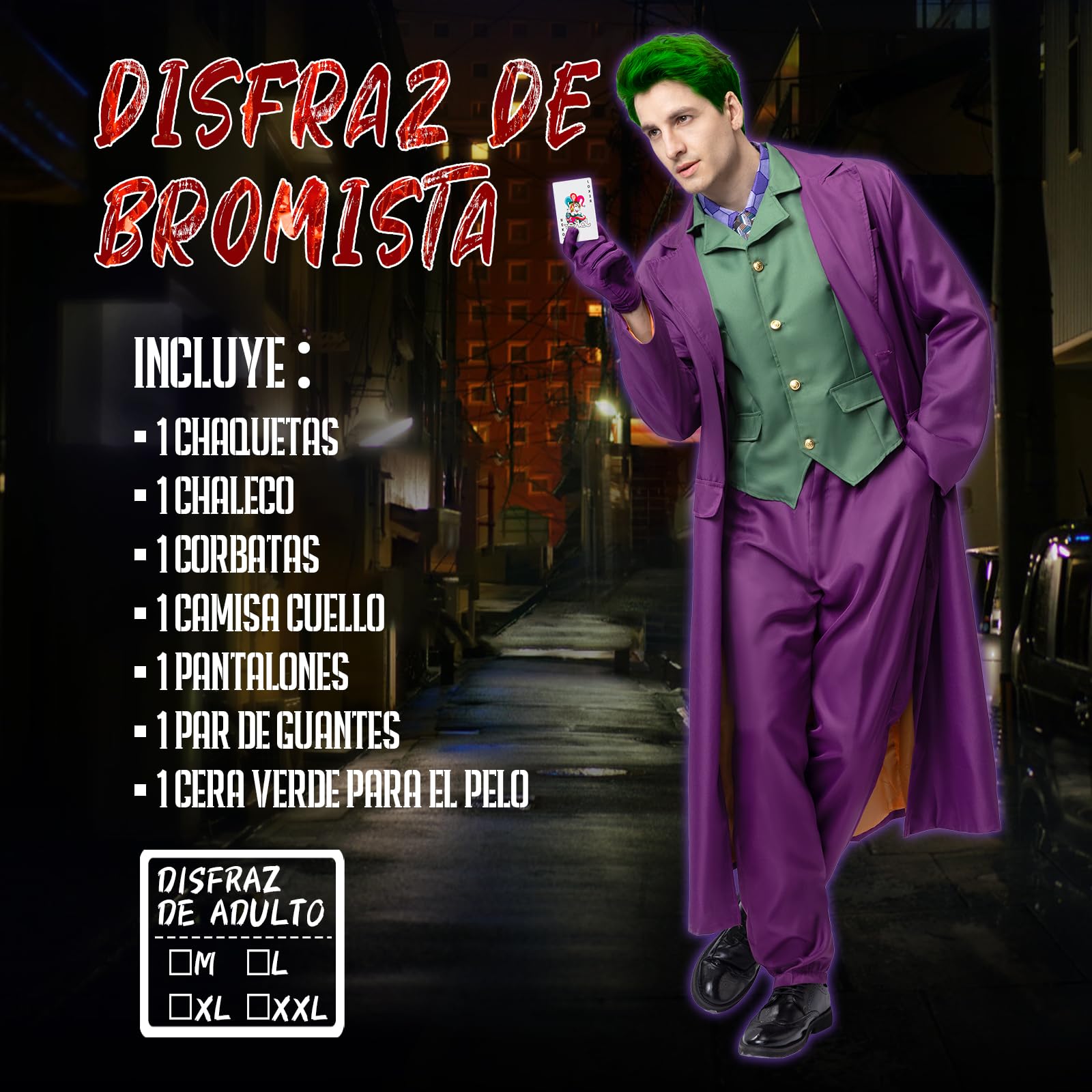 IEEILULU Disfraz Joker Hombre, Disfraz de Payaso Terror Hombre Halloween Disfraz Joker con Abrigo Morado, Chaleco Verde, Pantalones, Corbata, Cuello de Camisa Falso y Guantes para Halloween