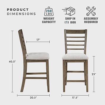 Lexicon 6 Piece Counter Height Dining Table Set, Wooden Counter Height Dining Room Set for 6, Including 1 Kitchen Table, 4 Upholstered Ladder Back Chairs and 1 Bench, Light Brown/Gray