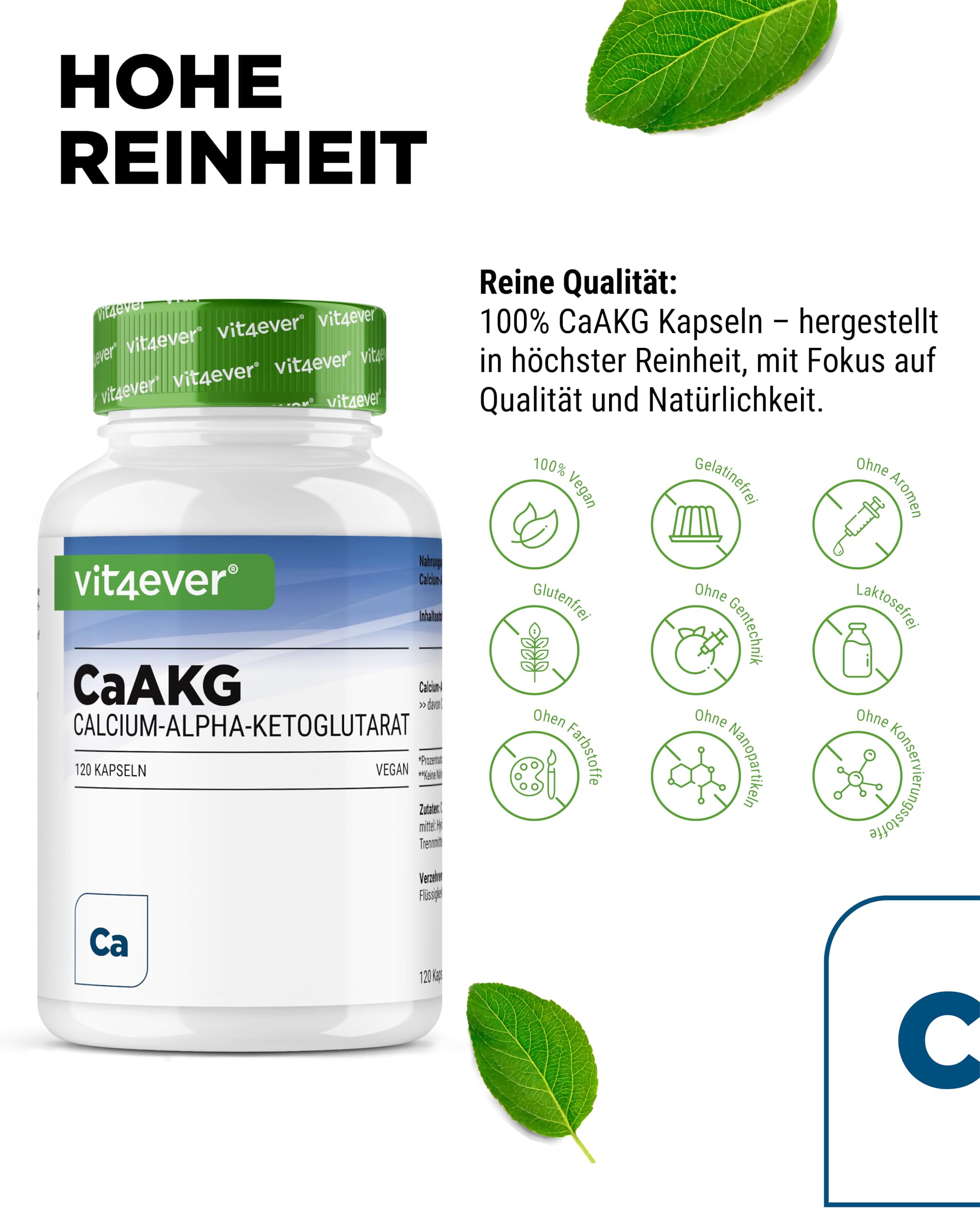vit4ever CaAKG - 120 Kapseln - 1100 mg - hochdosiert - 1100 mg Tagesdosis | Reines Calcium-Alpha-Ketoglutarat, 60 Tage Vorrat, ohne unnötige Zusätze, vegan